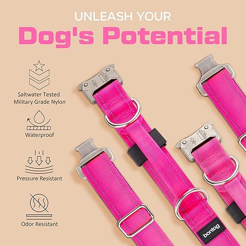 Miniatura 2 de Bontog Collar táctico para perros grandes con nailon acanalado de fuerza militar, mango de control, dos anillos en D, hebilla de metal de liberación