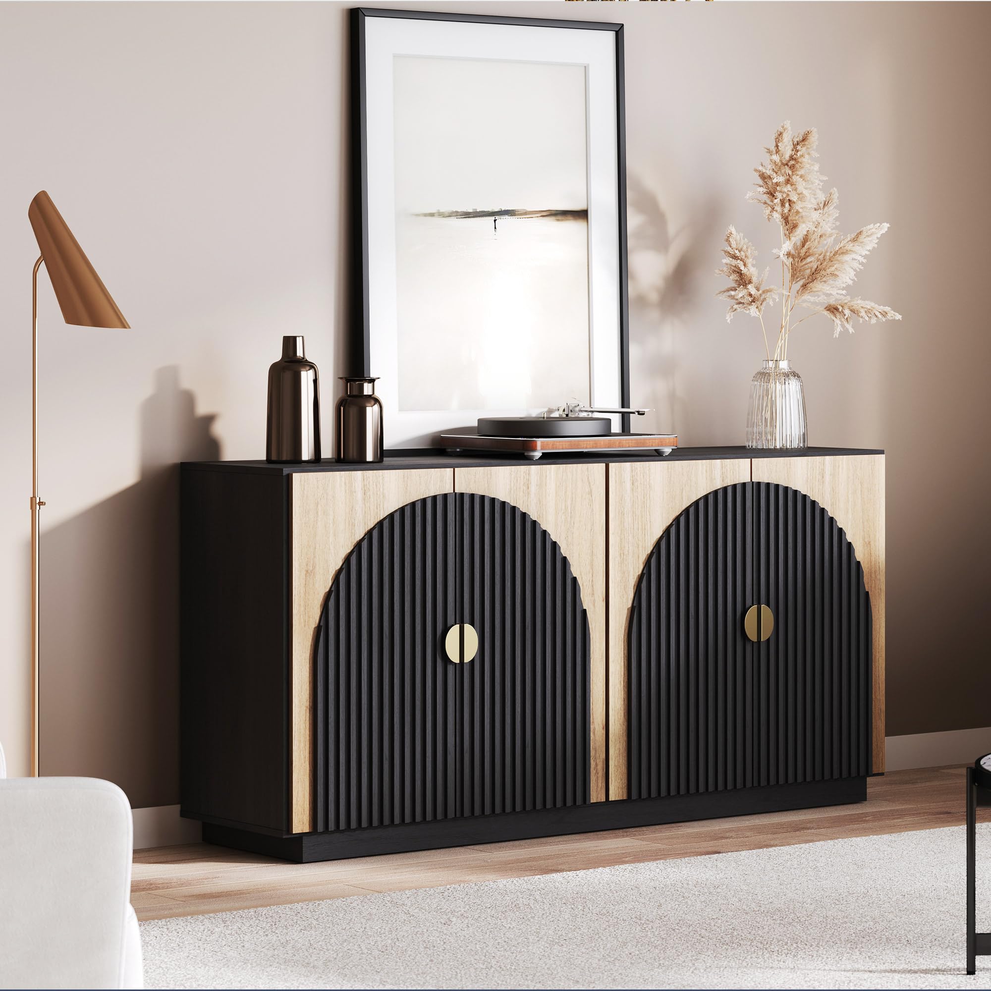 Condition photo showing New/Like New for 65 inch fluted buffet cabinet with storage, symmetrical arc accent sideboard large console table for dining room, kitchen, and living room (camel)