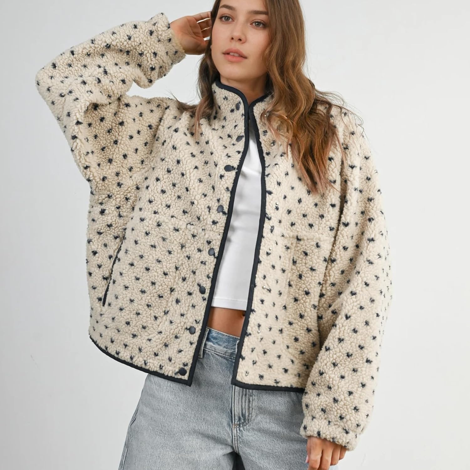 Slouchy Fleece Jacket Women Long Sleeve Button Down High Neck Polka Dot Puffer Jackets Sherpa Overcoat with Pockets - Image 7