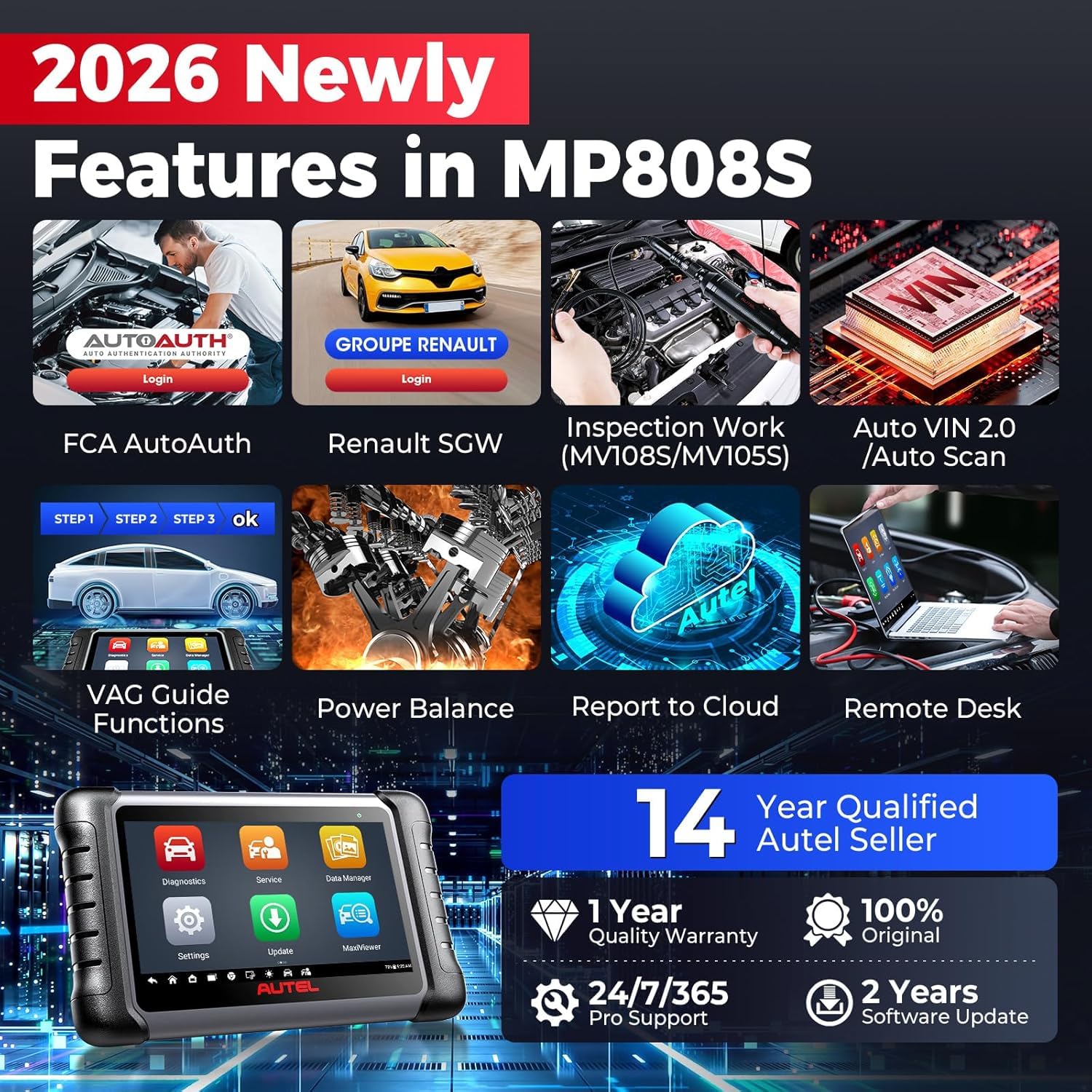 Autel MaxiPRO MP808S OBD2 Diagnosegerät Auto, 2026 KFZ Scanner mit 2 Jahren Updates(650€), ECU Codierung wie MP900-BT MS906PRO, 31+ Dienst, 3K+ Bidirektionaler Tests, Up von MX900 MP808BT PRO MK900BT