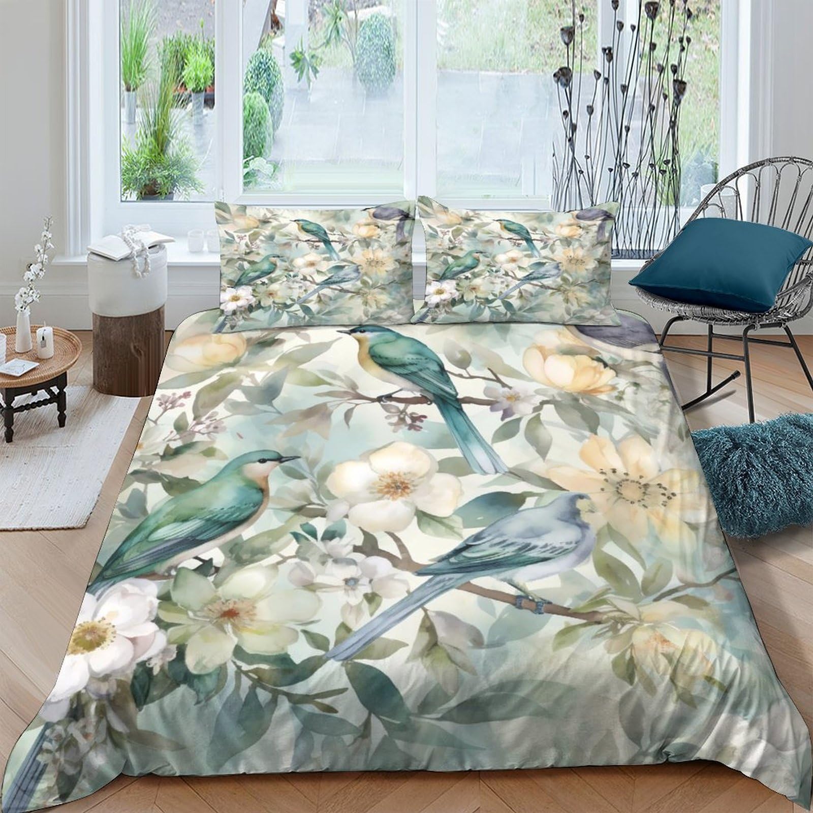 GPLZQXKJNH 3D Printed Watercolor Bird Duvet Cover Microfiber Soft Floral Bedding Set with 2 Pillowcases for Bedroom Decor Single（135x200cm）