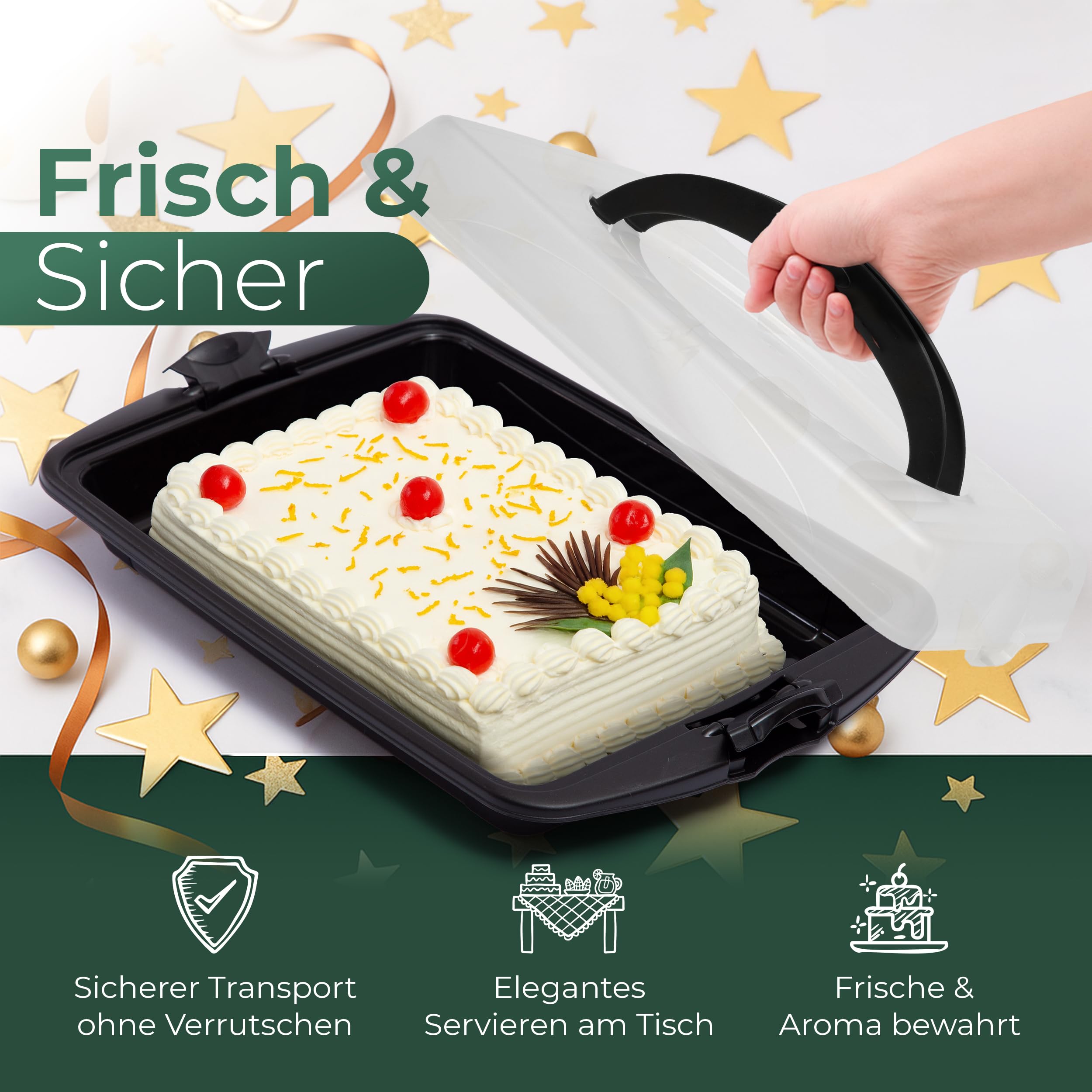 Novaliv Set di 3 scatole per il trasporto di torte (rettangolari, 45 x 30 x 9 cm), con coperchio, contenitore per il trasporto di torte, dolci, muffin