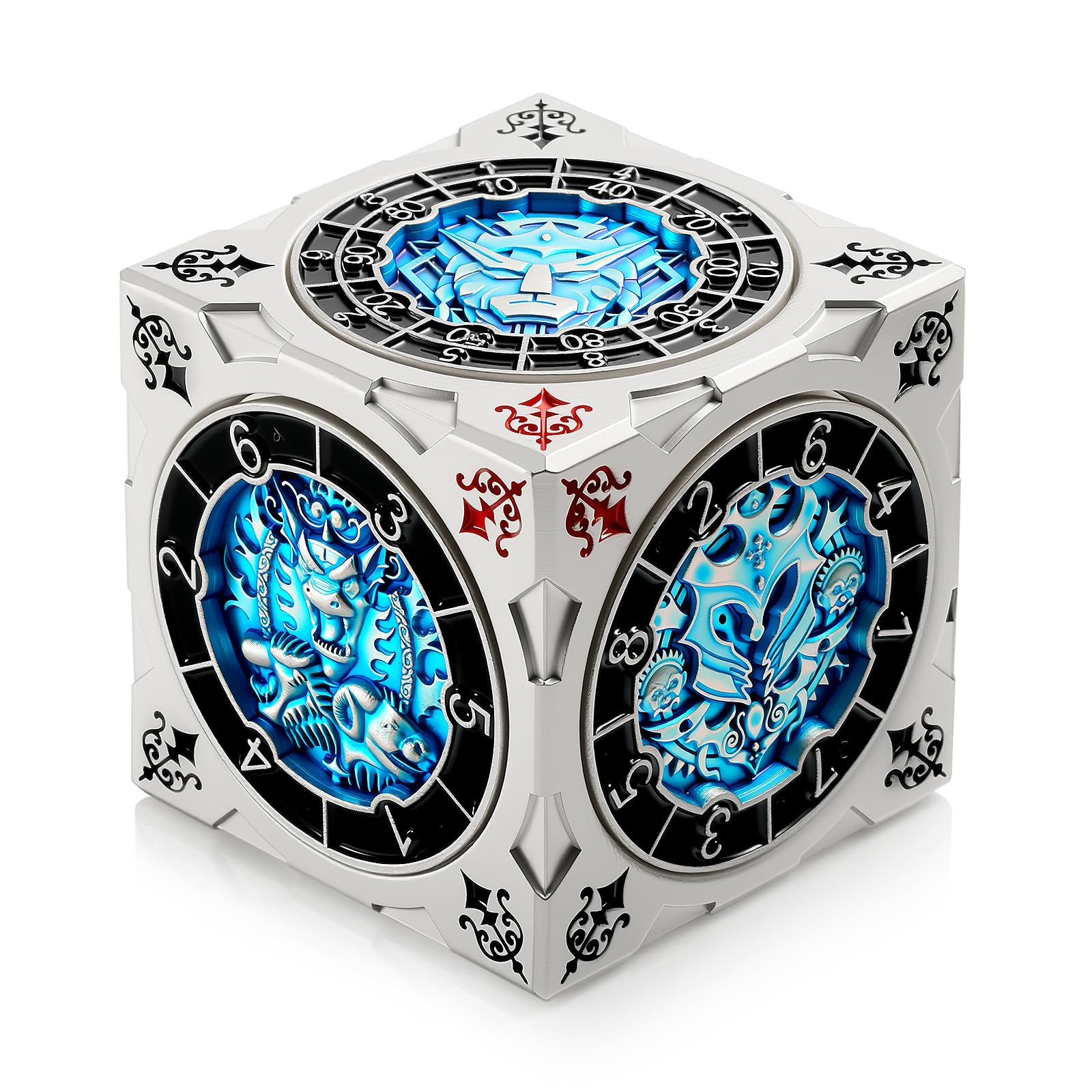 DNDND 7-in-1 Spinner Dice Cube with Gift Box  Goristro and Couatl Themed D&D Collector's Set for TTRPG, for Dungeon Masters and Players (Silver & Blue)