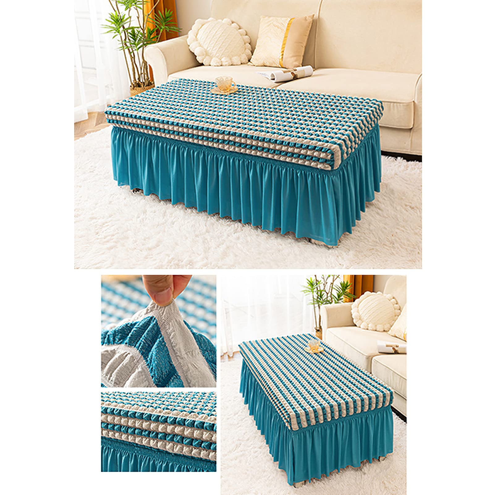 rismart Rectangle Polyester Elastic Coffee Table Cloth Cover Skirt Stain Resistant Tablecloths with Lace Edge Beige Blue,M - Image 3