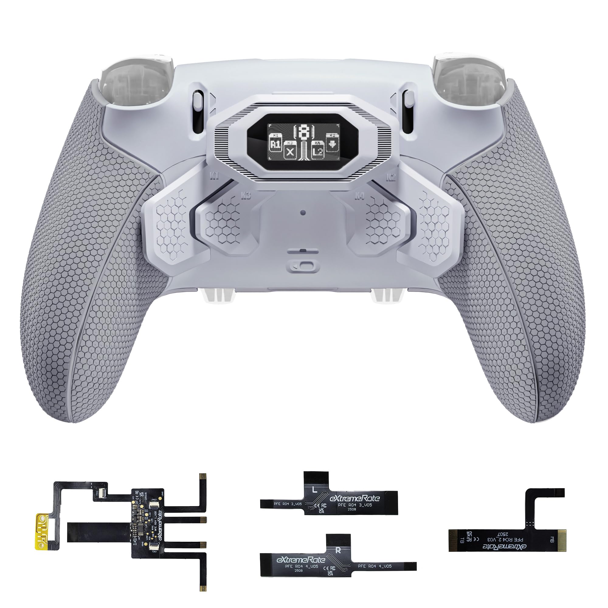 eXtremeRate BEYOND Back Paddles Kit for PS5 Edge Controller, OLED Display, Redesigned Ergonomic Rubberized Grips Bottom Shell, Remappable 4 Back Buttons Set for PS5 Edge Controller - White &amp; Gray