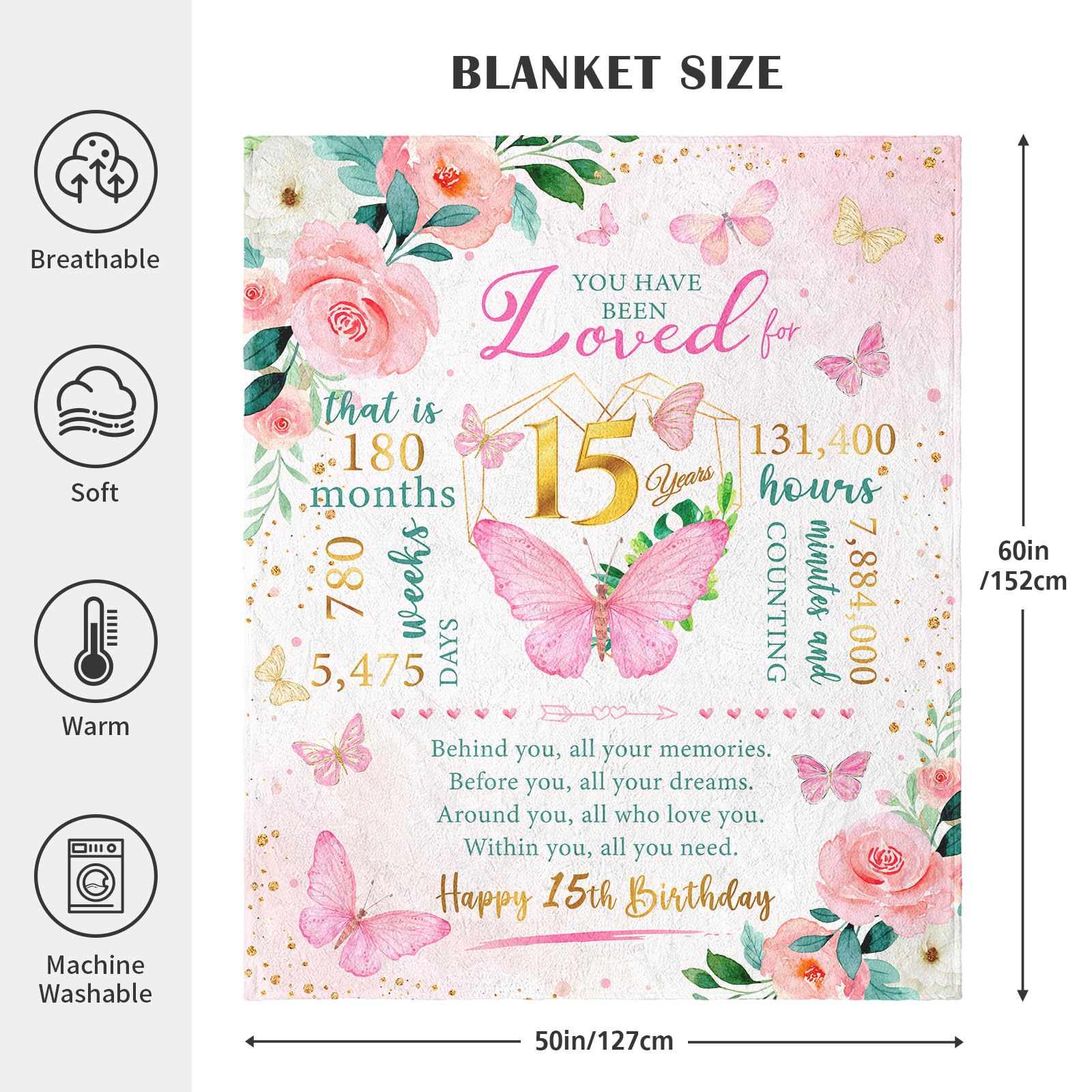 Birthday Gifts for 15 Year Old Girl Throw Blanket 60"x50", Quinceanera Gifts for Girl, 15th Birthday Gift Ideas for Teen Girls,15th Birthday Gifts, Quinceanera, Sweet 15