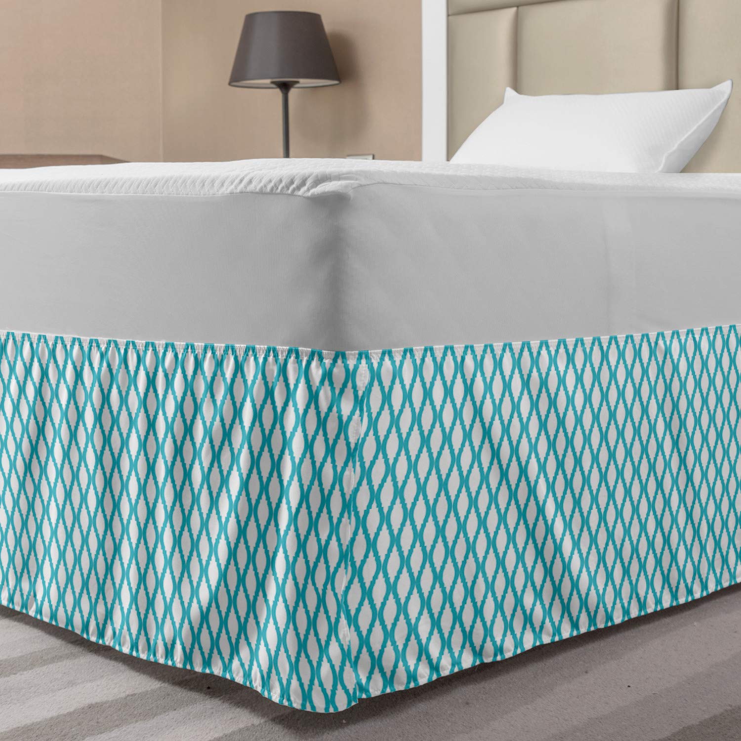 Lunarable Teal Elastic Bed Skirt Abstract Tangled Lattice Pattern in Historical Moroccan Style Antique Wavy Lines Ornate Wrap