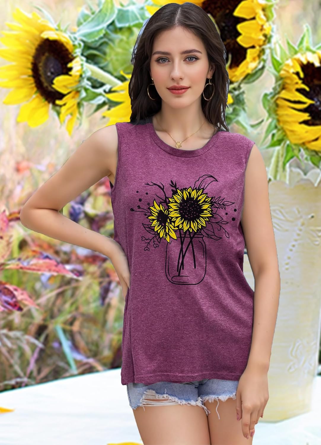 Sunflower Tank Top for Women Sleeveless Summer Tops Cute Flower Graphic Tops - Image 5