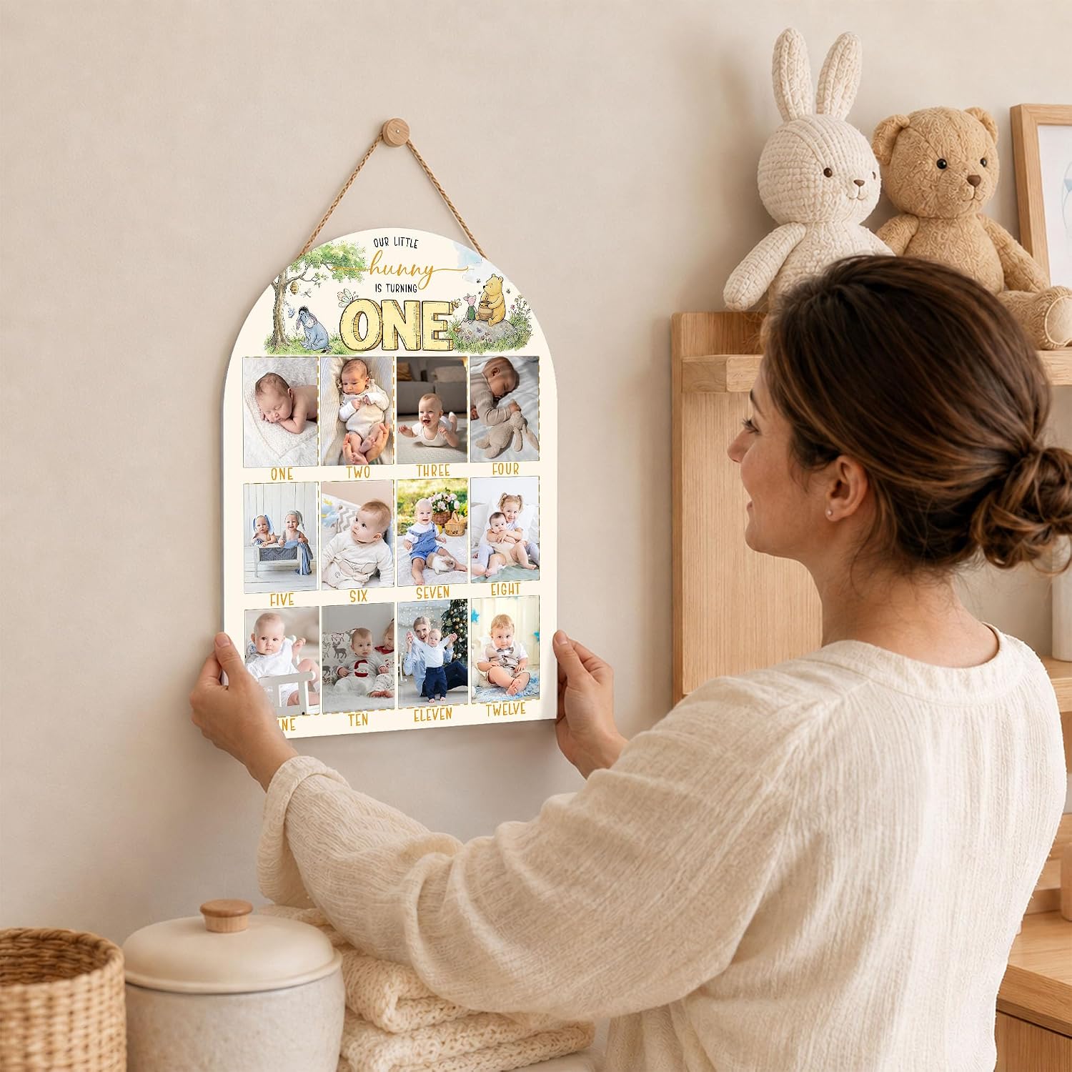 Winnie My First Year Photo Board, Our Little Hunny Is Turning One Baby Monthly Milestone Sign, Wooden Picture Board for 12 Photos, Girls Boys Baby 1st Birthday Keepsake Gifts Decorations-A03