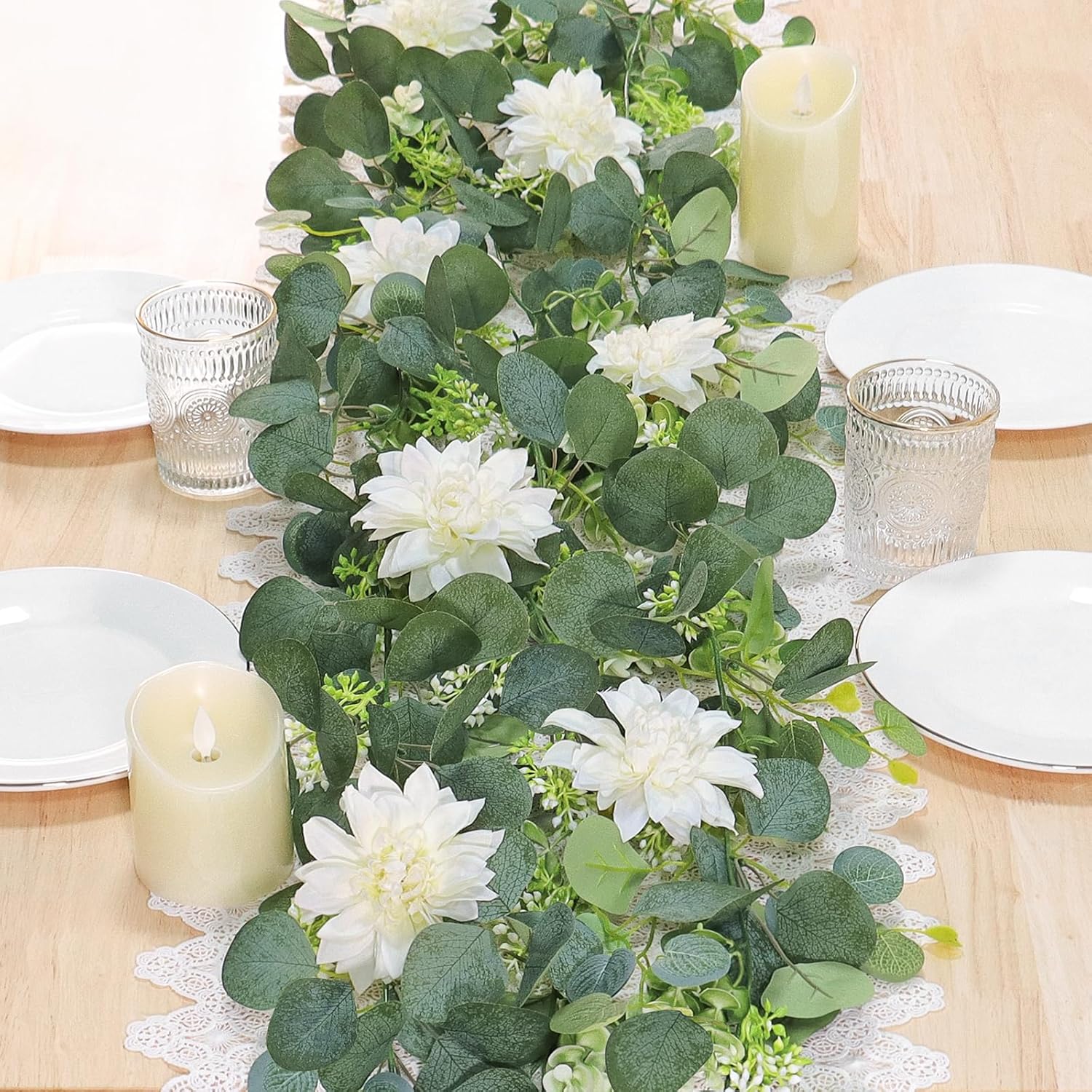 Dremisland Artificial Flowers Garlands 2 Pack 12Ft Artificial Eucalyptus Garland with Dahlia Flower Hanging Flowers Vines Spring Garland for Backdrop Wedding Arch Bedroom Home Wall Room Decor