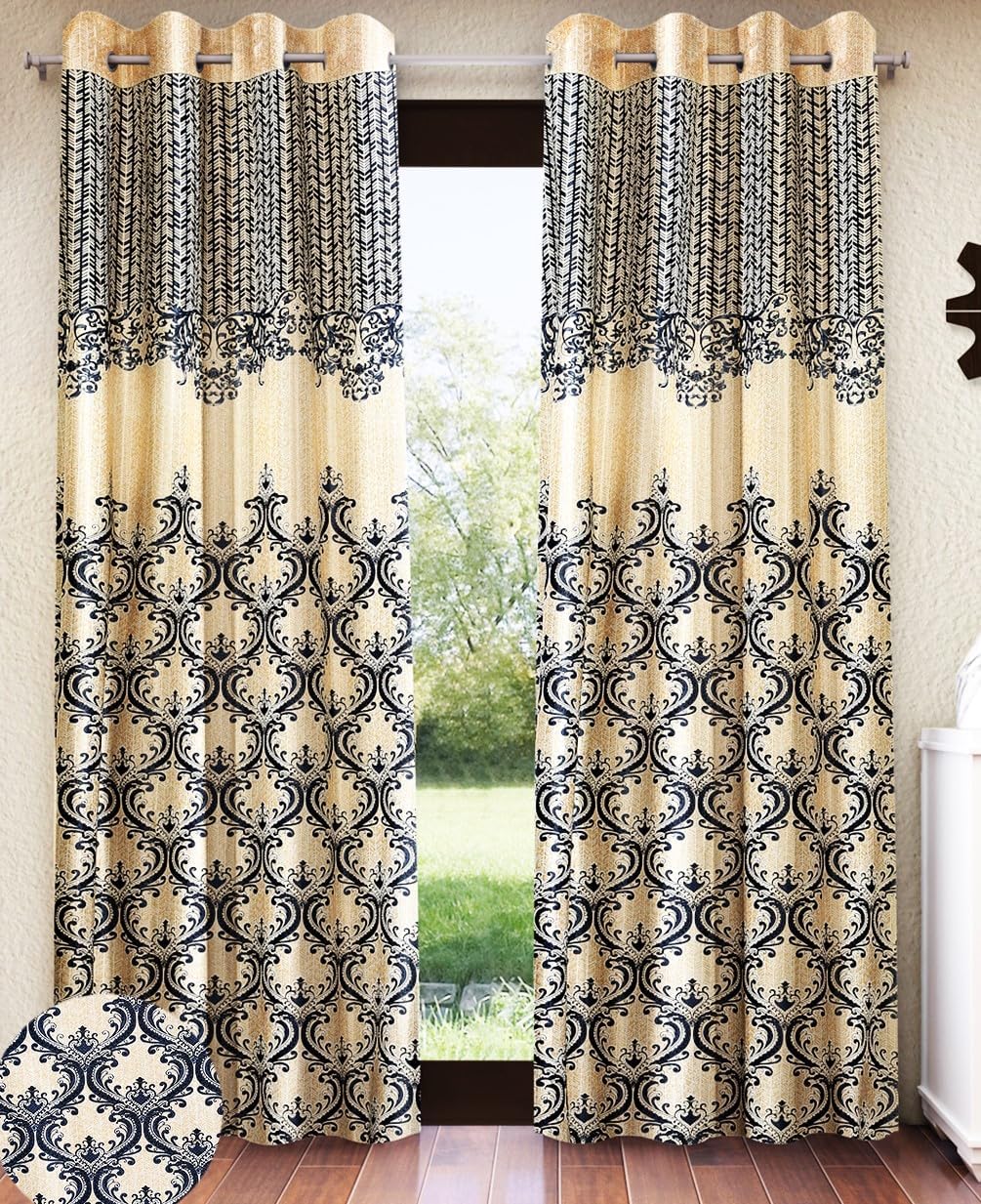Home Sizzler 2 Pieces Regal Damask Grommet Polyester Window Curtain - 5 Feet, Black