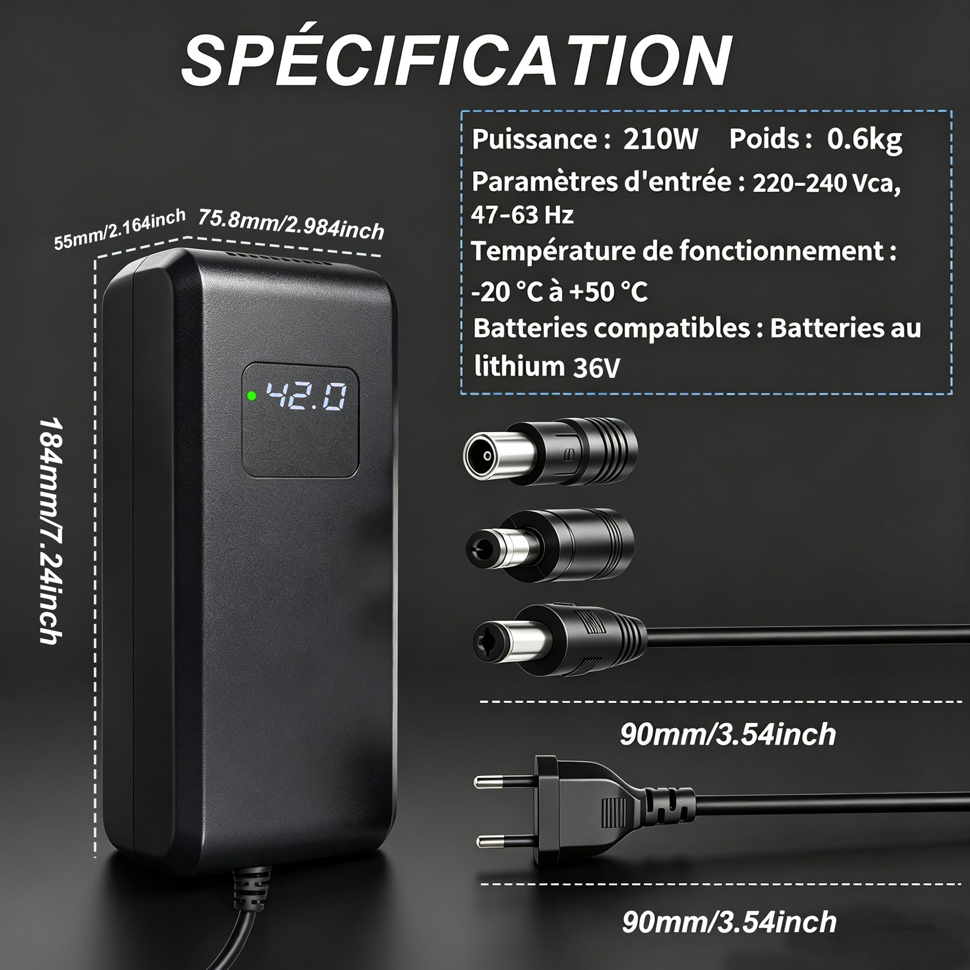 Chargeur 42V 5A pour Batterie Lithium 36V de vélo électrique | Écran indicateur de tension, ventilateur intégré, connecteurs DC 5,5x2,5/2,1mm et RCA 8mm inclus