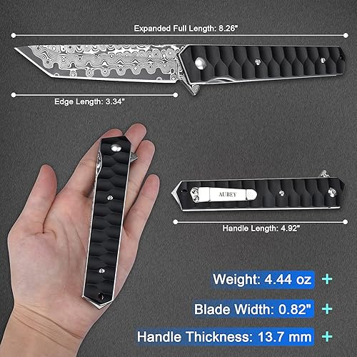 Miniatura 5 de AUBEY Cuchillo de bolsillo de Damasco con clip para hombres y mujeres, cuchillos plegables de acero de Damasco con rodamiento de bolas, mango