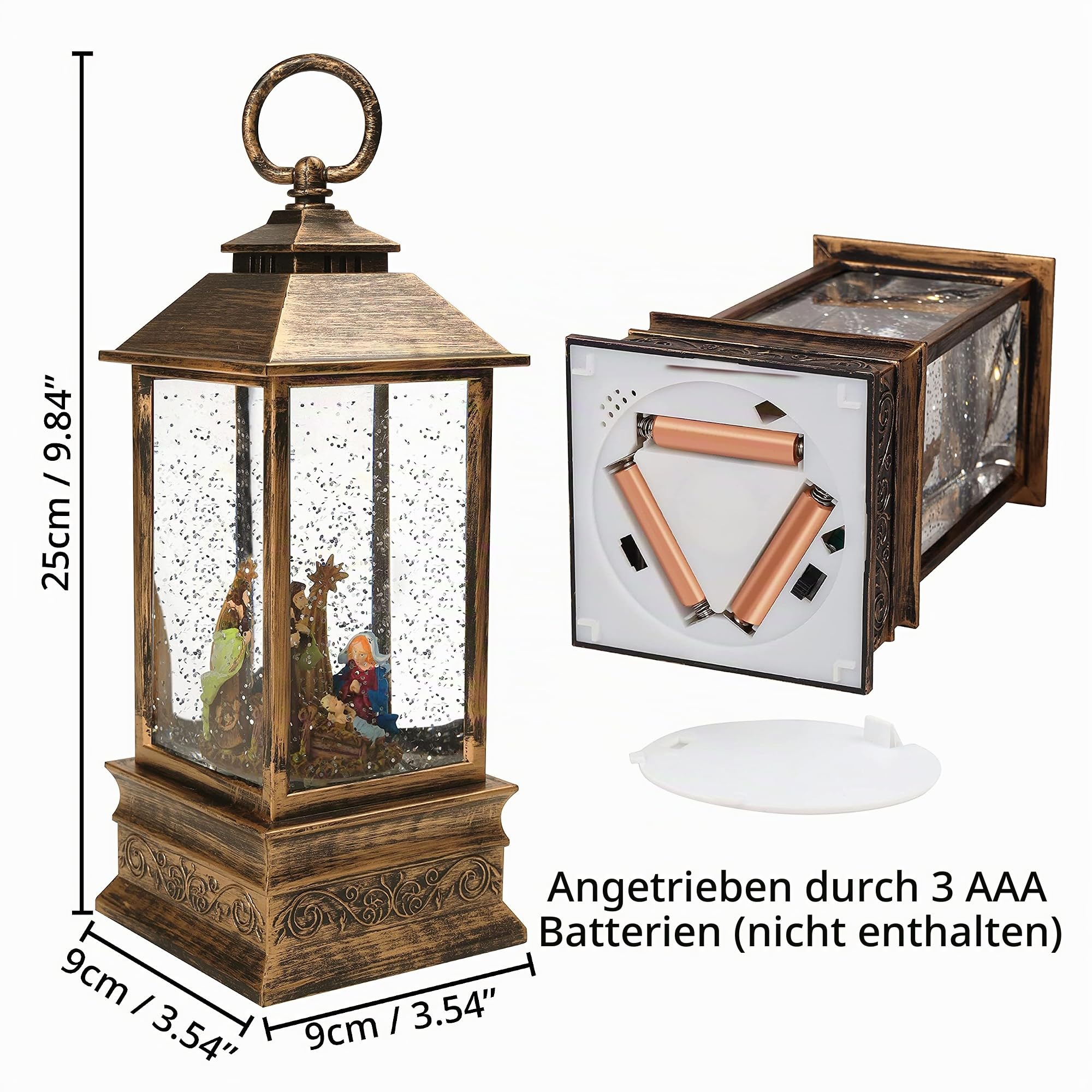 Belle Vous Weihnachtslaterne mit Schneegestöber - Schneekugel Lampe LED Szenerie Weihnachten 25 x 9 cm - Beleuchtete Schneekugel mit Wasser & Glitzer in Bronze als Weihnachtsdeko Tischdeko, Geschenk