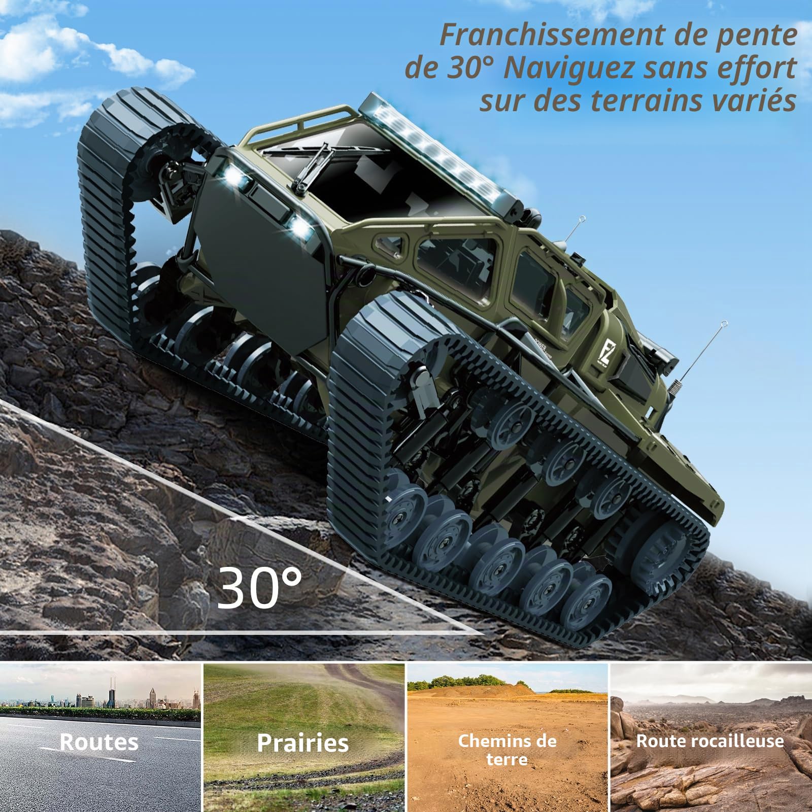 Mostop Réservoir de commande à distance 1/16 échelle - Réservoir RC tout-terrain - Pour enfants - 2,4 GHz - Avec 2 batteries - Rotating Truck - Cadeau