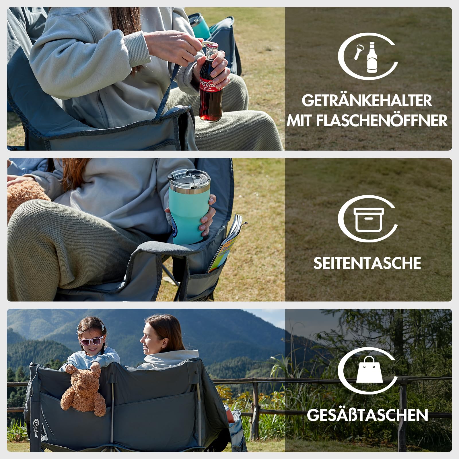 Portal Campingstuhl faltbar Campingsofa für 2 Personen 272kg belastbar Super Weich mit Lagerungstasche Doppel Klappstuhl Faltsofa Dick Gepolstert Hohe Rückenlehne für Outdoor Garten Balkon