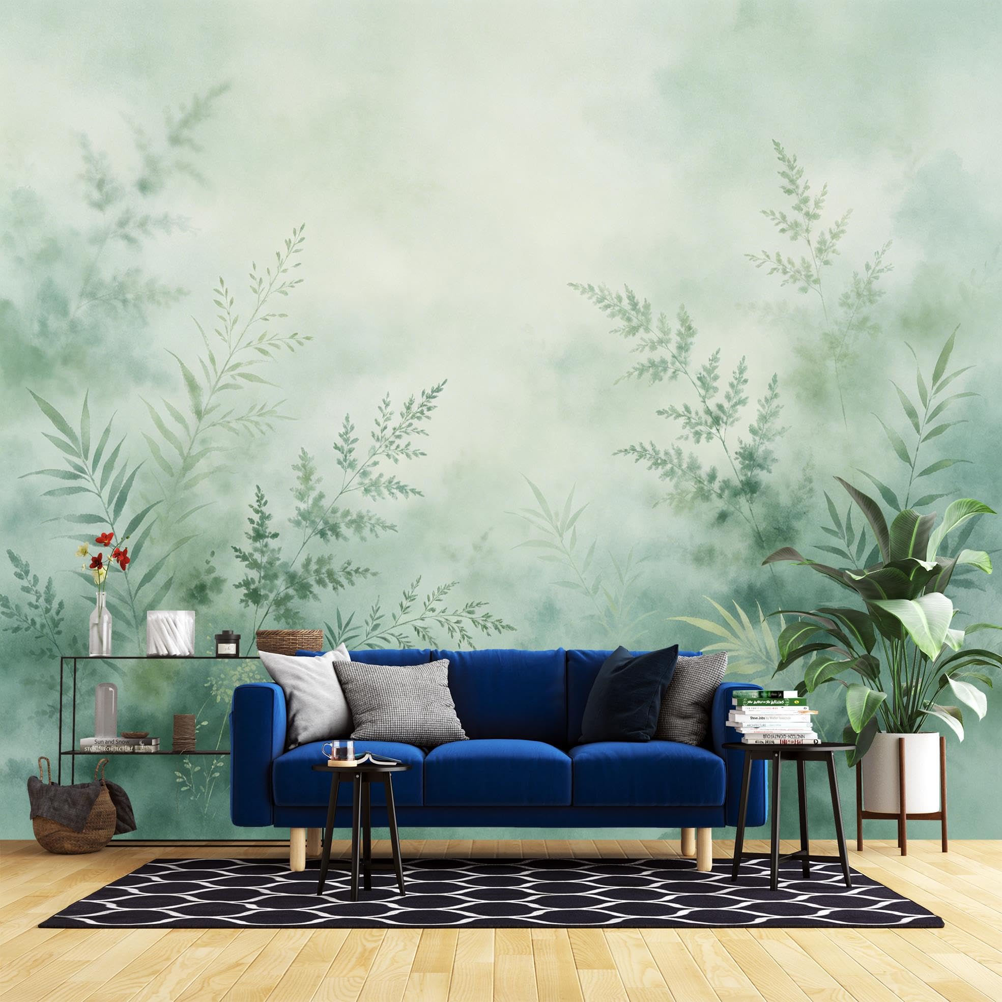 Peel And Stick Wall Mural, 3D Panoramic Watercolour Misty Fern Leaf Landscape Wallpaper 371X280Cm(Wxh) Removable Self-Adhesive Large Nature Wall Mural For Bedroom Living Room Home Decor Misty Fern Le