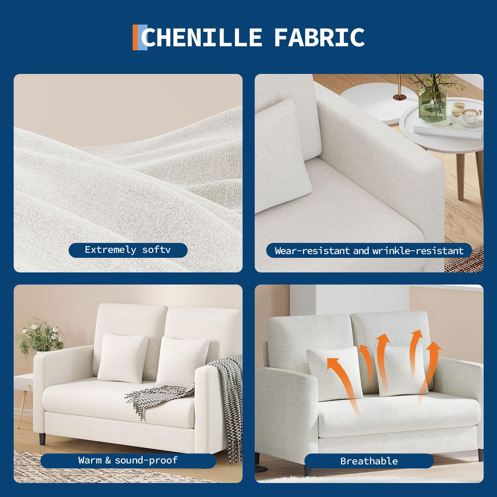 Garvee Mid-Century 2-Sitzer Sofa 132 cm – Kompaktes Loveseat mit Massivholzrahmen, Polstersofa mit Leinenbezug, werkzeuglose Montage, Moderne Couch für Wohnzimmer & Schlafzimmer