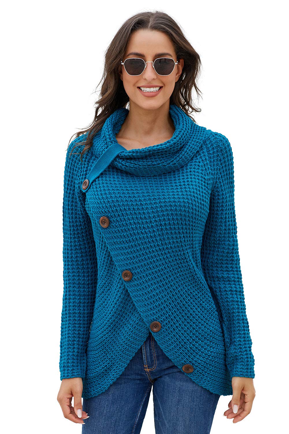 Itbclove Women's Blue Button Turtle Cowl Neck Sweater Asymmetric Hem Wrap Knitted Pullover Casual Jumper Tops (,M)