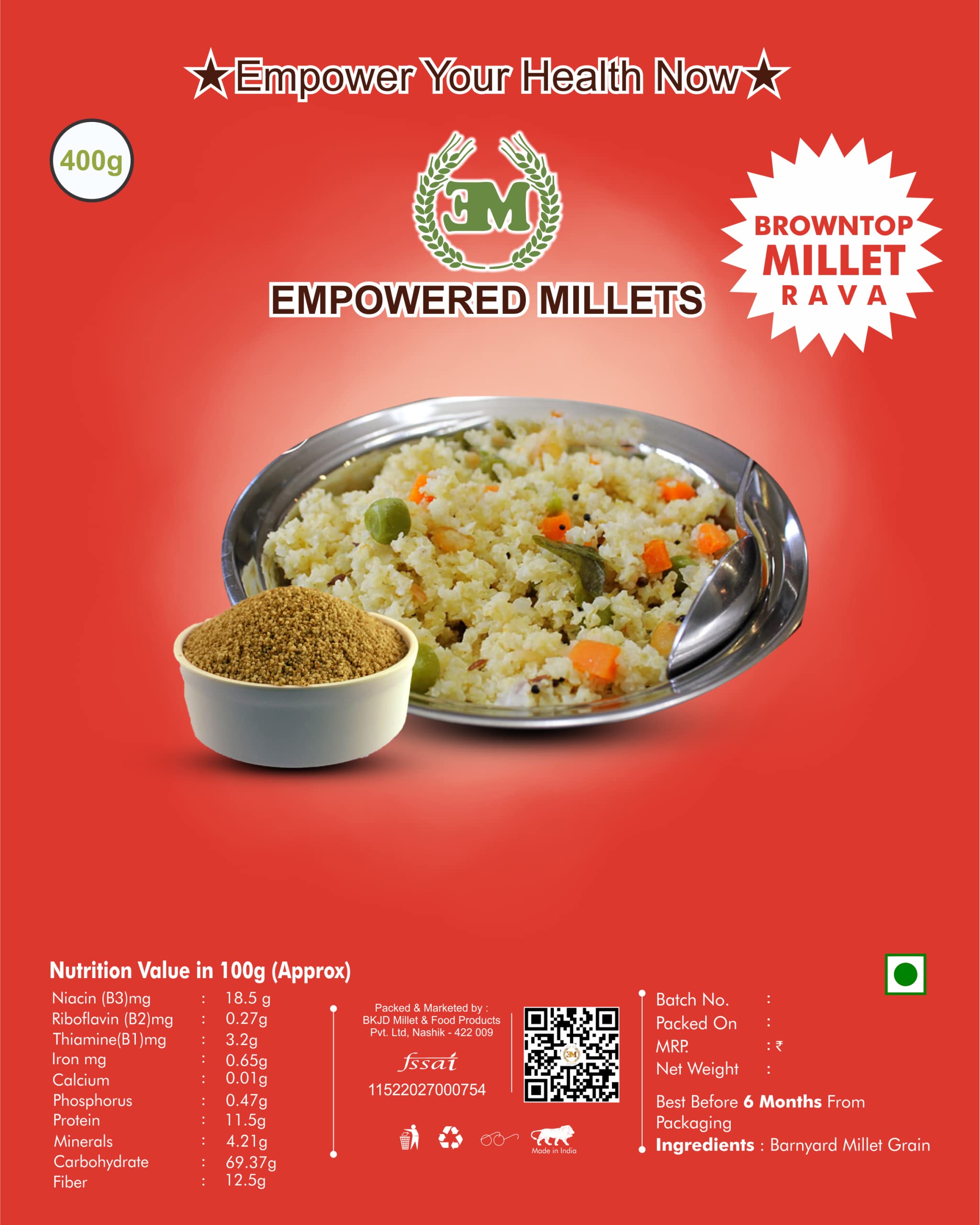 Browntop Millet (Choti Kangni) Rava by Empowered Millets | No Maida- Wheat | Gluten Free| High in Protein n Nutrition | 100% Vegetarian | Ready to Cook | Tasty | Enjoy Sweet Dishes| (400gm Pack of 3)