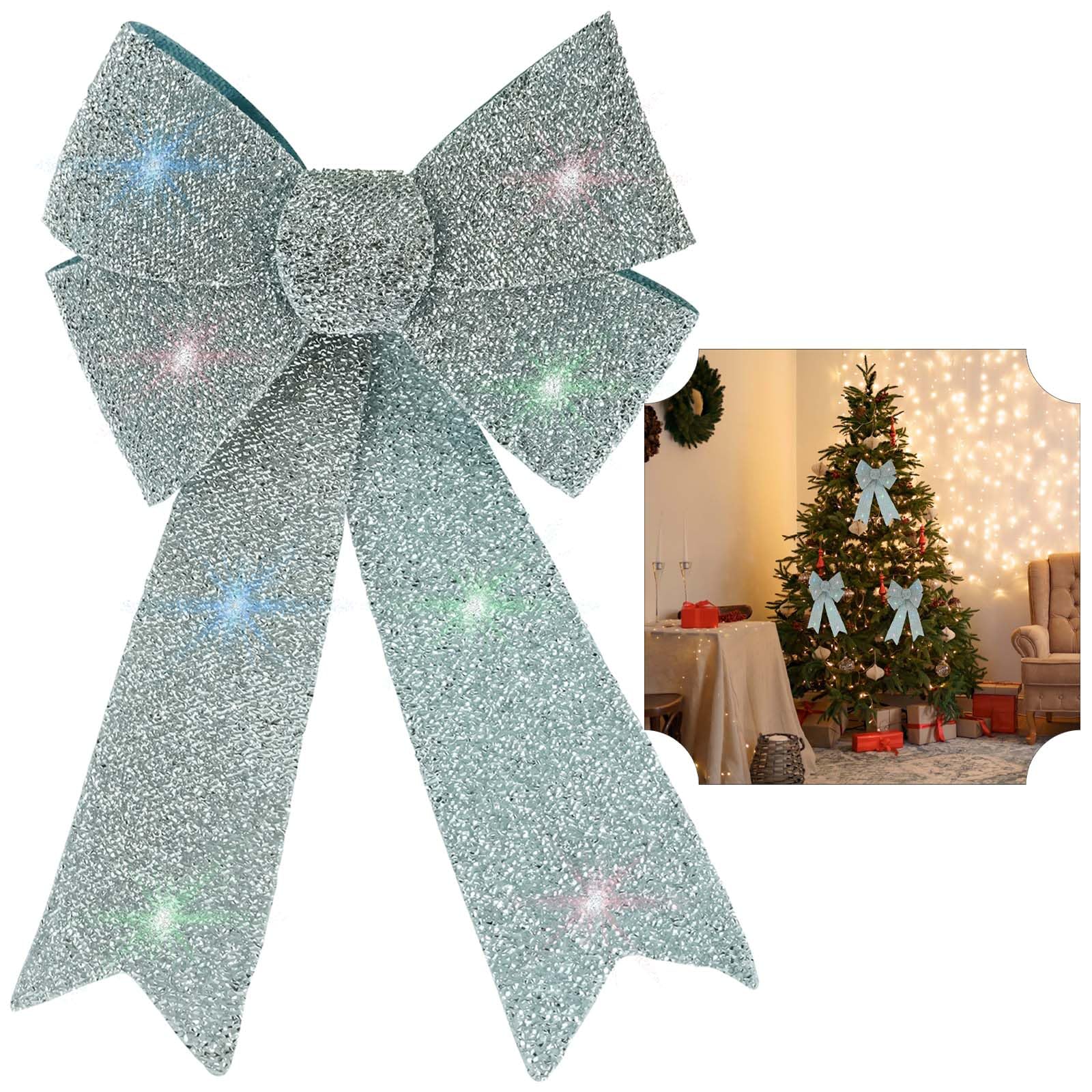 SRV Hub Christmas Multicolor LEDs Light Up Bows, Glittered Silver Bows for Christmas Decoration Front Door Bows for Xmas and New Year Parties Decor, Size-43cm