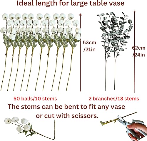 Miniatura 7 de RyddeligHome Flor Kiku sintética blanca  10 tallos y 18 tallos de eucalipto (2 ramas), pequeñas mini flores de crisantemo, bolas de pompones