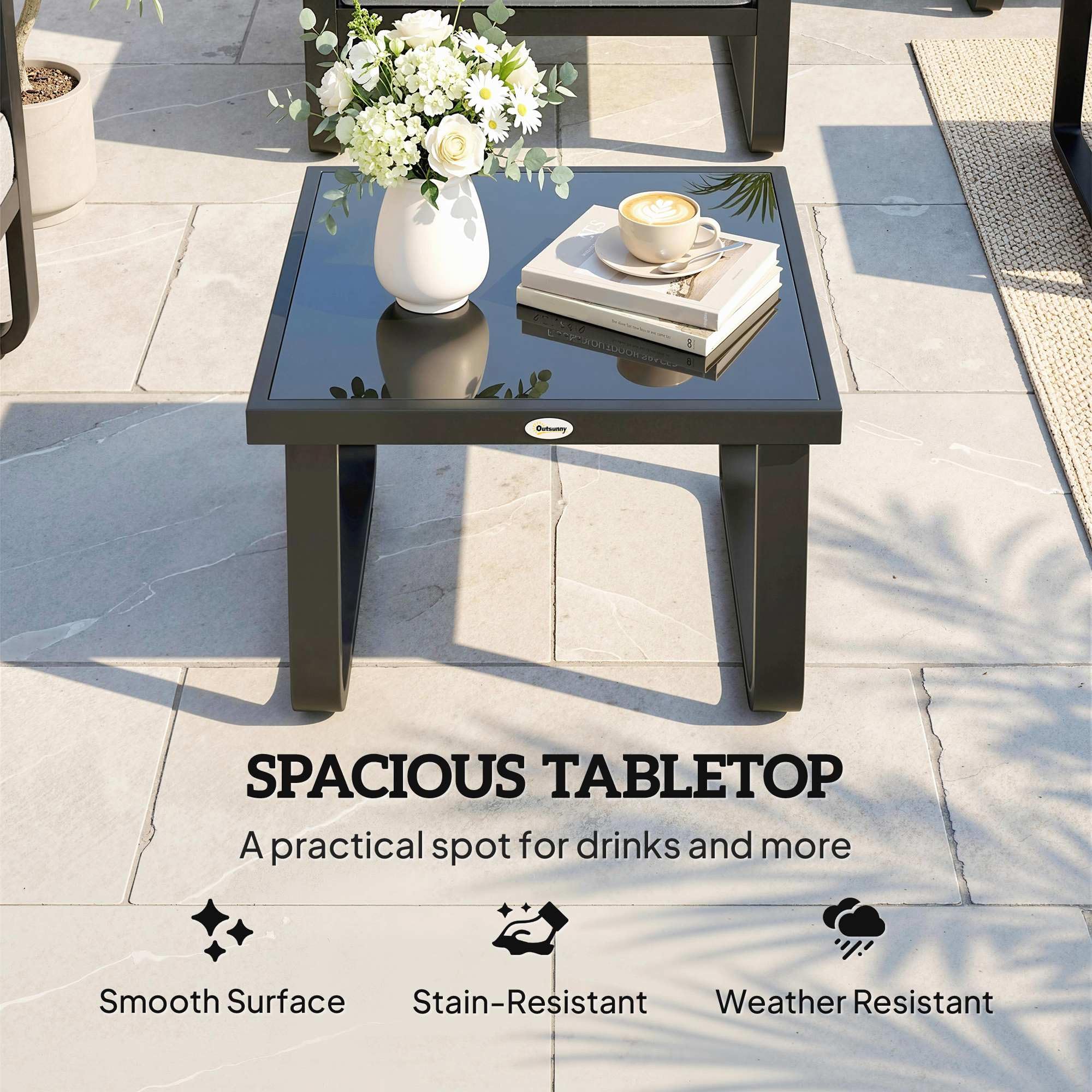 Outsunny Metal Garden Coffee Table, Outdoor Rectangle Side Table with Tempered Glass Tabletop and Adjustable Foot Pads for Terrace, Balcony, Patio, 45 x 45 x 33 cm, Black — view 4