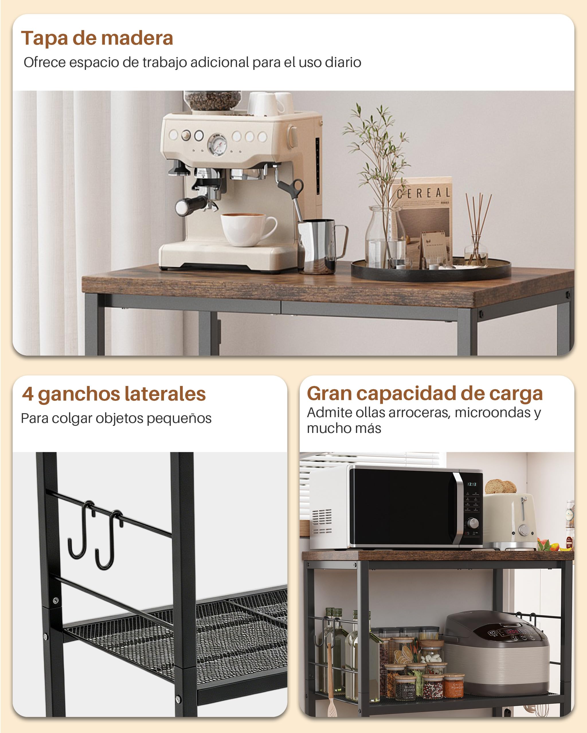 Estante de Cocina para Microondas con Ruedas, Carrito de Cocina | 3 Niveles, Metálico, Carrito de Almacenamiento, Ideal para Organizar el Salón o la Oficina
