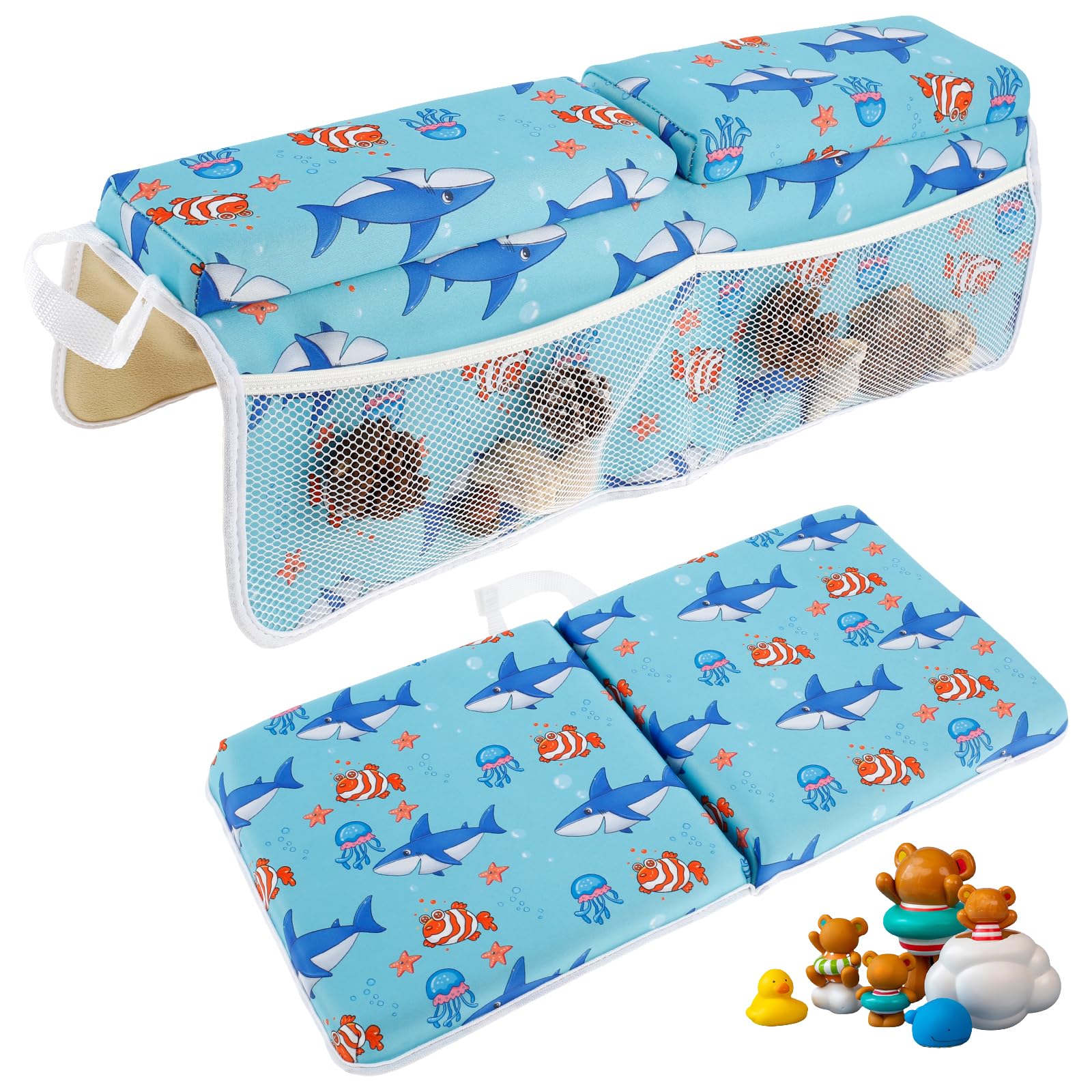Ghshanog 2Pcs Baby Bath Kneeler and Elbow Rest Pad Set,Bath Kneeling Pad Baby with 4 Organizer Pockets,Comfortable Foam Bath Kneeling Pad, Non-Slip Bath Tub Elbow Cushion for Toddler Kids (Blue)