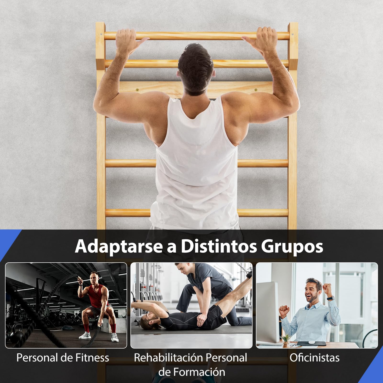 GYMAX Espaldera Gimnasio para Niños y Adultos, Carga de hasta 100 kg, 195 x 80 x 14 cm, Escalera Sueca con 10 Barras, Espaldera de Madera de Pino para Gimnasia, Fitness