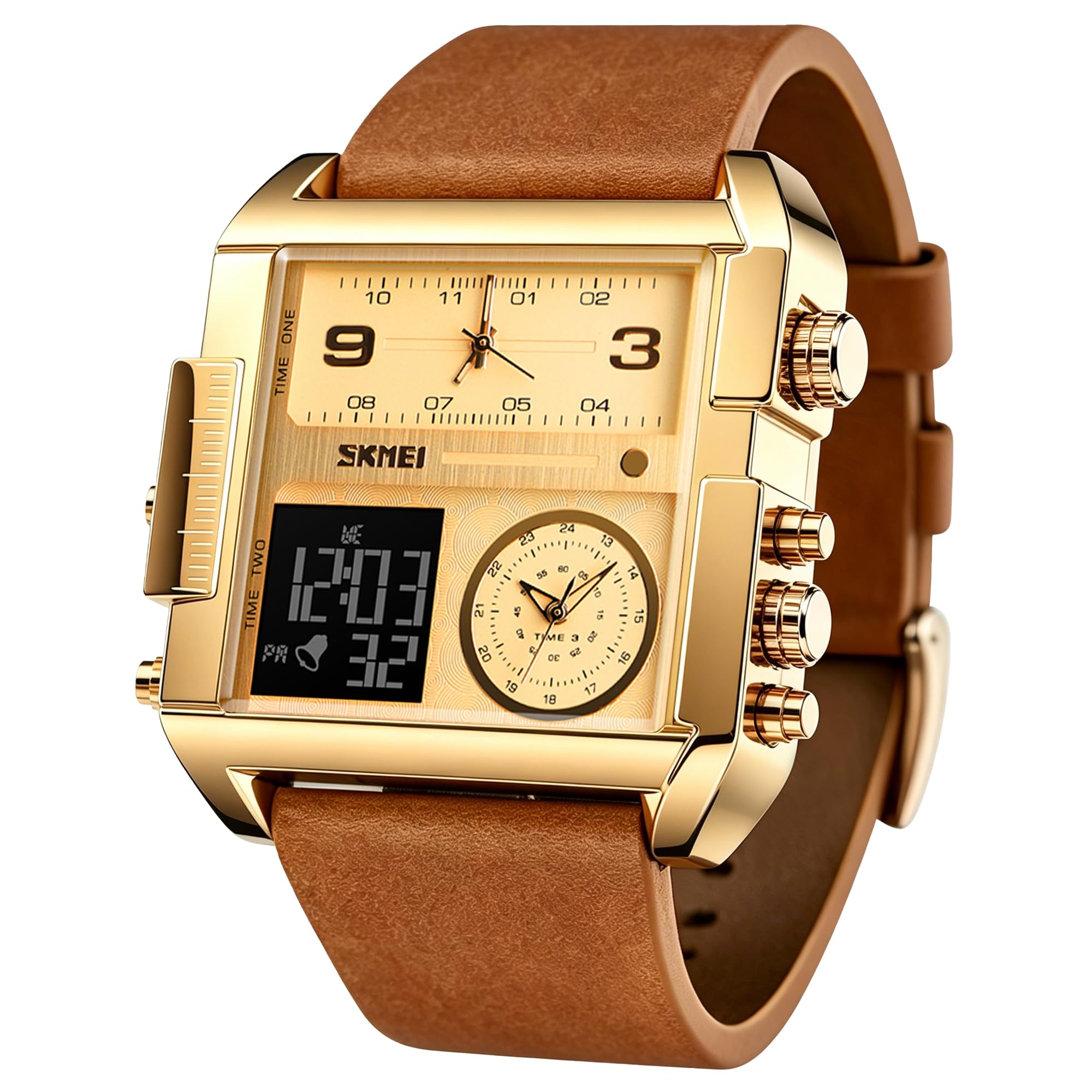 SKMEI Men's Digital Sports Watch, LED Square Large Face Analog Quartz Wrist Watch with Multi-Time Zone Waterproof Stopwatch