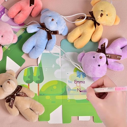Miniatura 3 de Paquete de 28 mini animales de peluche para el día de San Valentín con cajas de corazón, lindo oso pequeño llavero para niños, cajas de regalo de