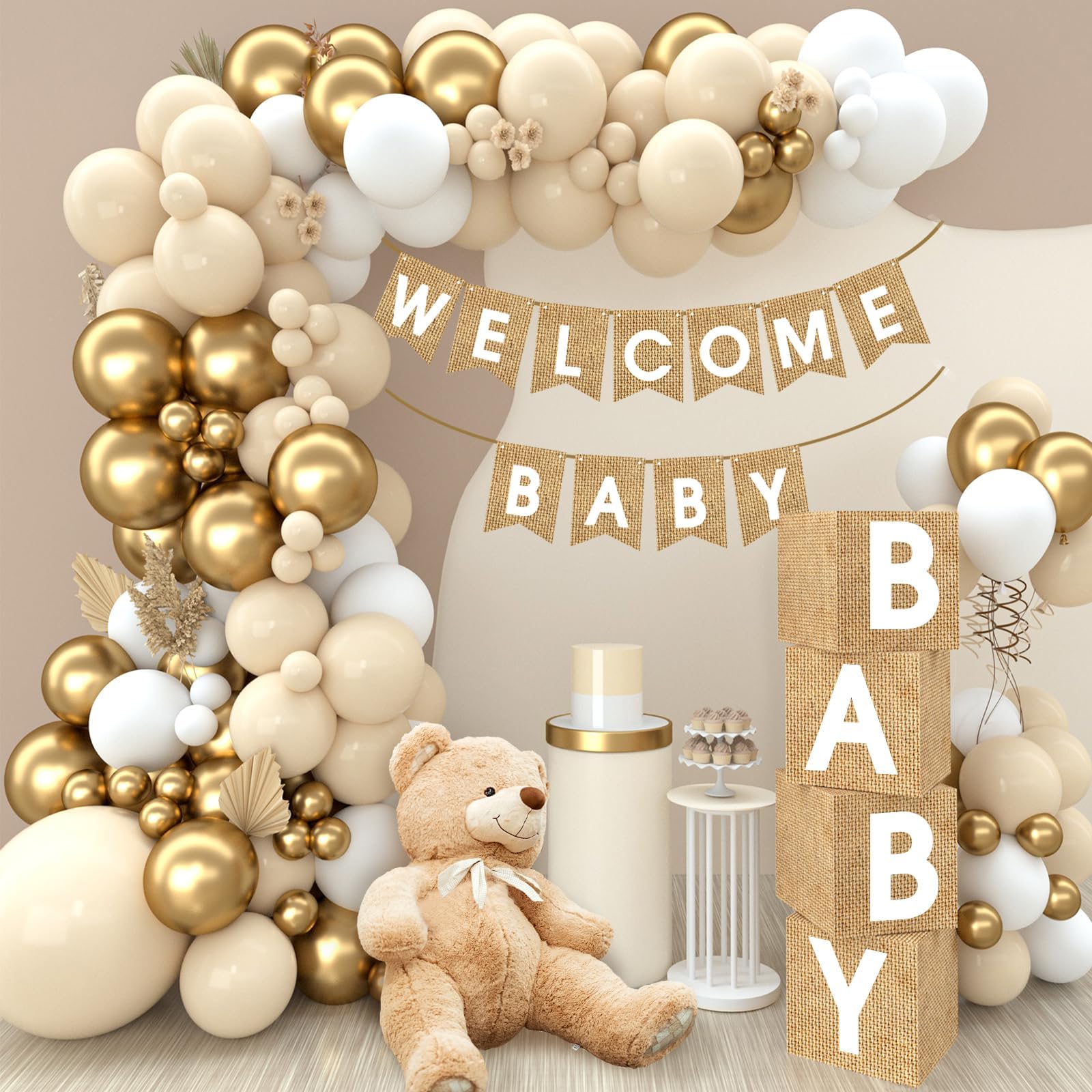 QIFU Welcome Baby Shower Decorations - 86pcs White Gold Balloons Arch Kit+4pcs Beige Paper Baby Boxes with Letters“BABY”+"WELCOME BABY" Banner for Neutral Baby Shower Decoration Boy Girl Gender Reveal — image 1