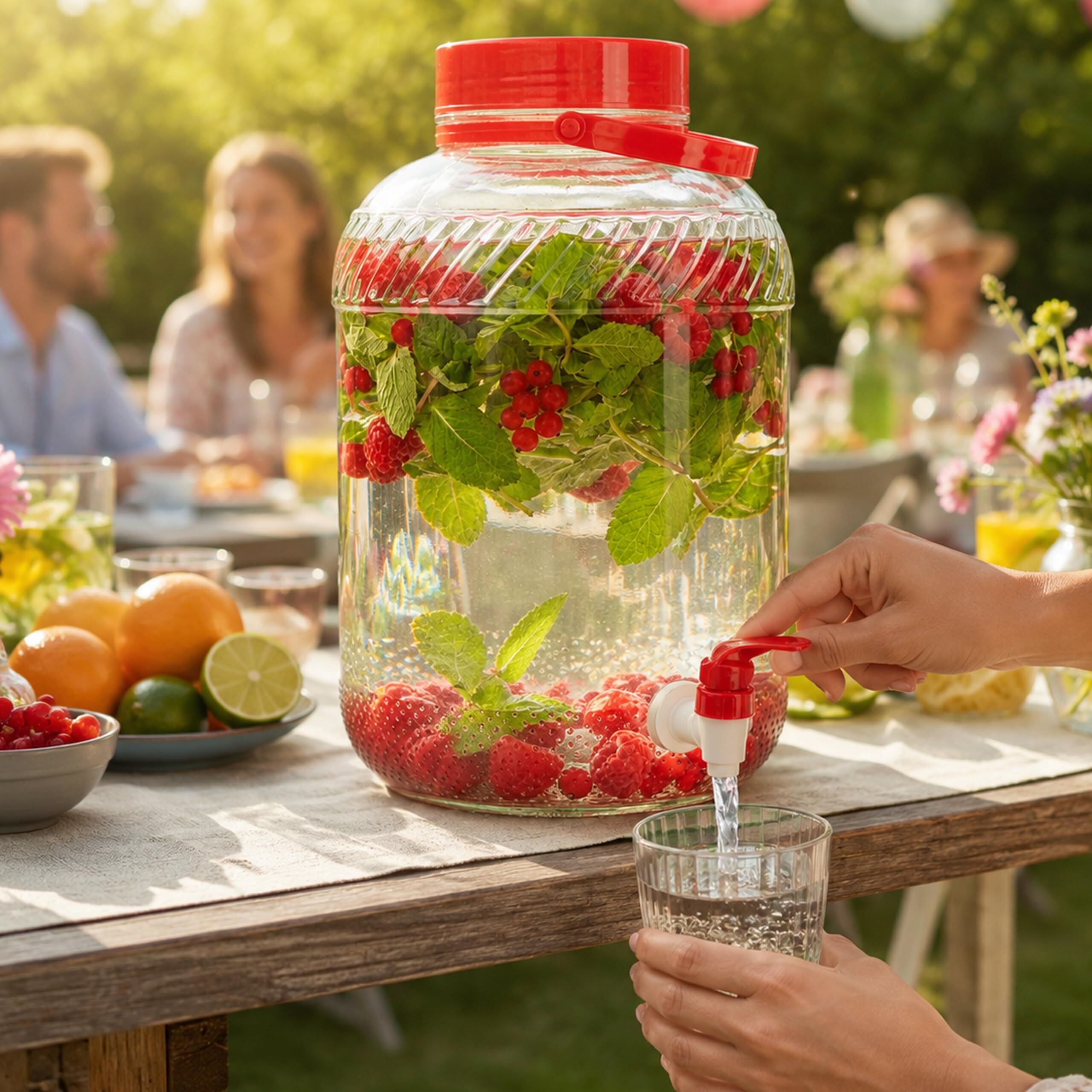 Relaxdays distributore Bevande 10 L in Vetro, per Bevande Fredde, con Rubinetto, Coperchio e Manico, Trasparente/Rosso