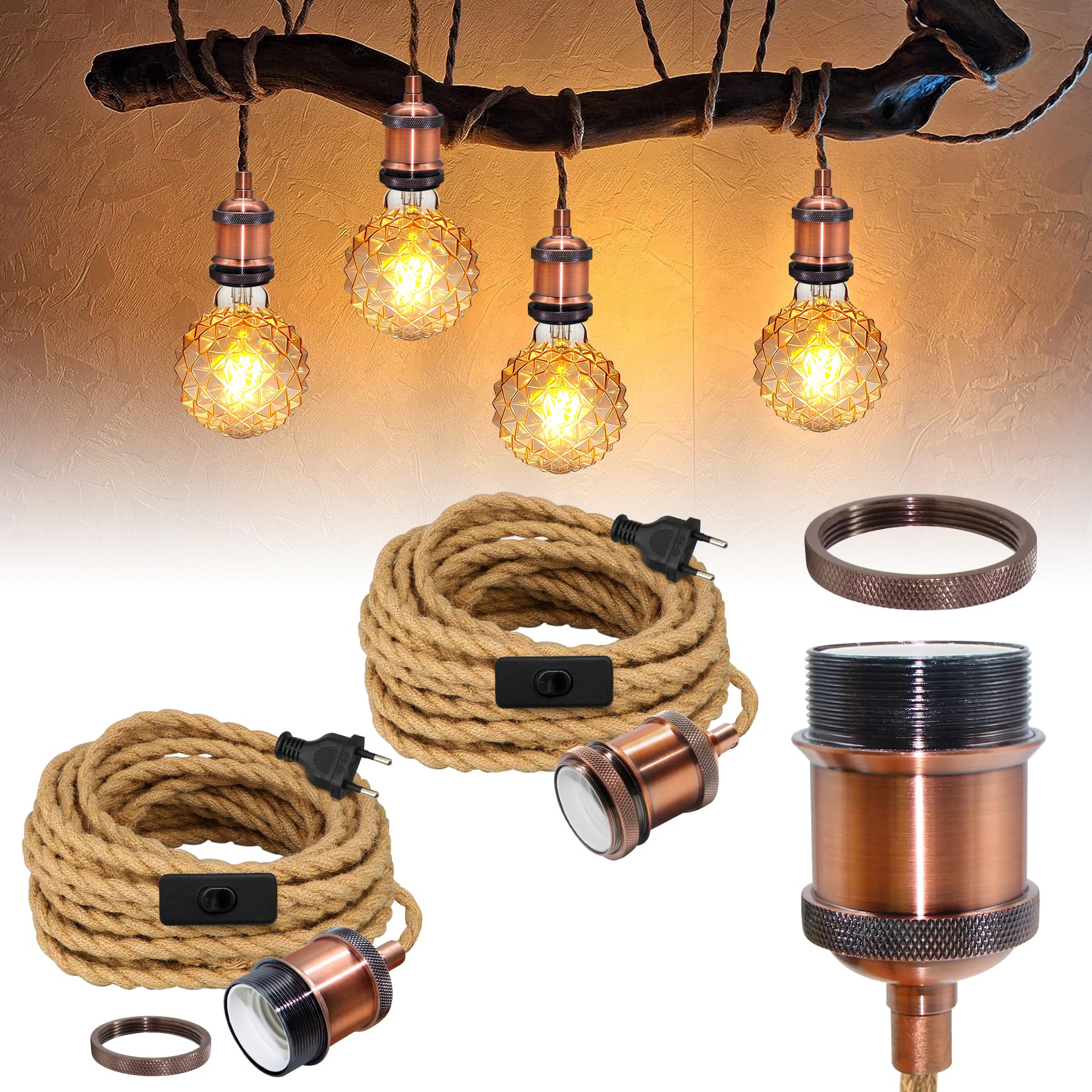 Boho Rustikal Hanfseil Pendelleuchte Kit mit 5.1M Kabel, 2 Stück Vintage Red Copper Hängelampe mit Stecker,Industrial Pendelleuchte mit Schalter,Retro Lampefassung E27,für Cafe,Max.60W,Ohne GlüHbirne