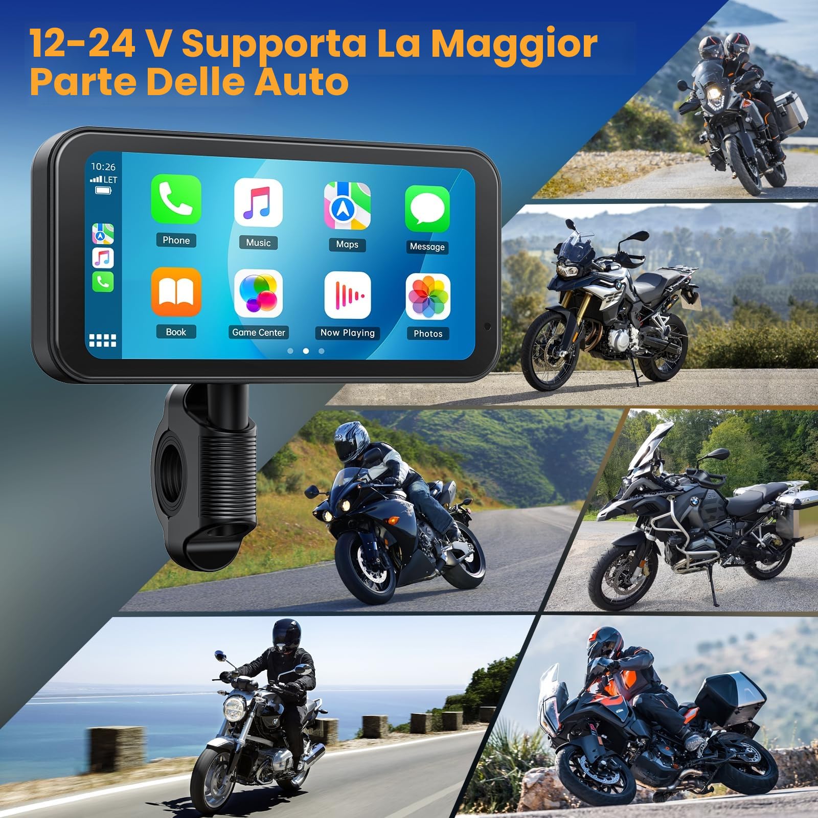 Volam Schermo portatile per Carplay Wireless Android Auto per moto, touchscreen impermeabile IP67 da 6.25 pollici, navigazione GPS automatica, supporto Siri/Google Assistant