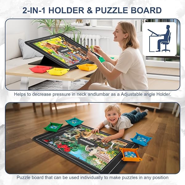 MOZOOSON Plateau Puzzle de 1000 Pièces, Support Puzzle Réglable, Pliante Antidérapante, Table de Puzzle en Feutre, Planche Puzzle avec 6 Trieur et 1 Couverture - 2