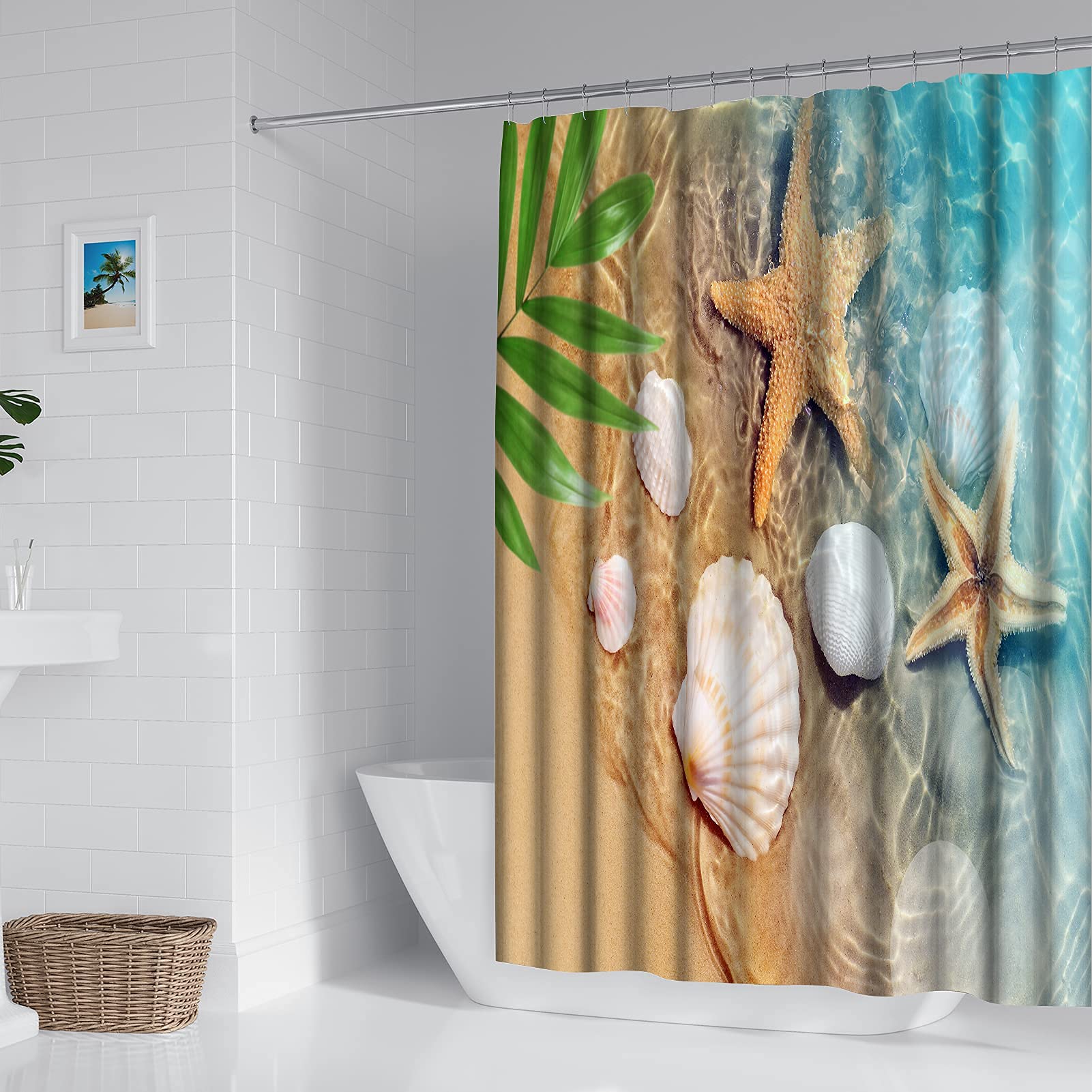 Beach Theme Shower Curtain -Starfish and Seashell Shower Curtain Set Cute Bath Curtains Shower Curtains for Bathroom Waterproof Bathroom Curtain , Washable，Hooks Included (72" x 72")