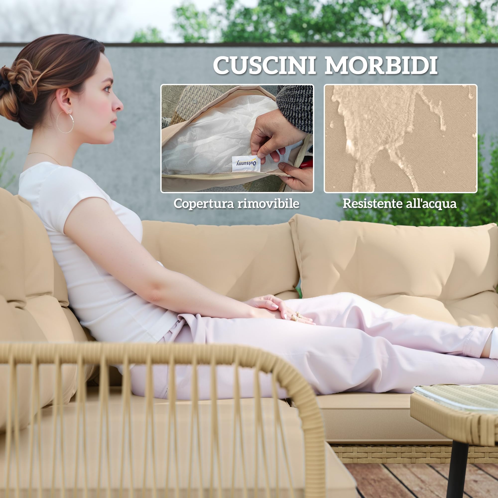 Outsunny Set di Mobili da Giardino in Rattan 4 Pezzi, Salotto da Esterno con 2 Divano a 2 Posti, Poltrona Angolare, Tavolino da Caffè in Vetro e Cuscini Lavabili, Struttura in Acciaio, Naturale/Beige