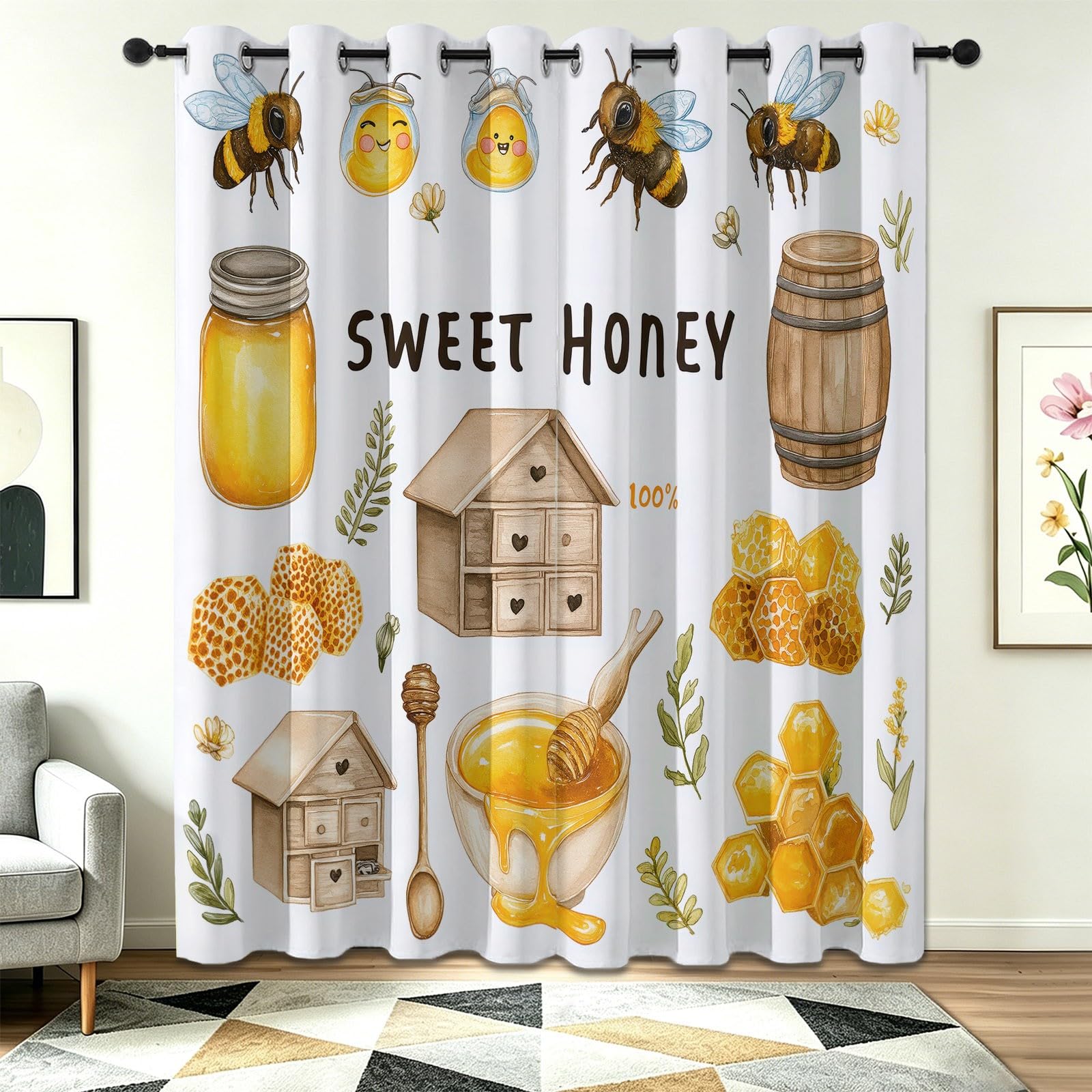 Rideaux Abeilles Jaune 75x166cm, lot de 2 avec motifs pots de miel décoratifs pour cuisine