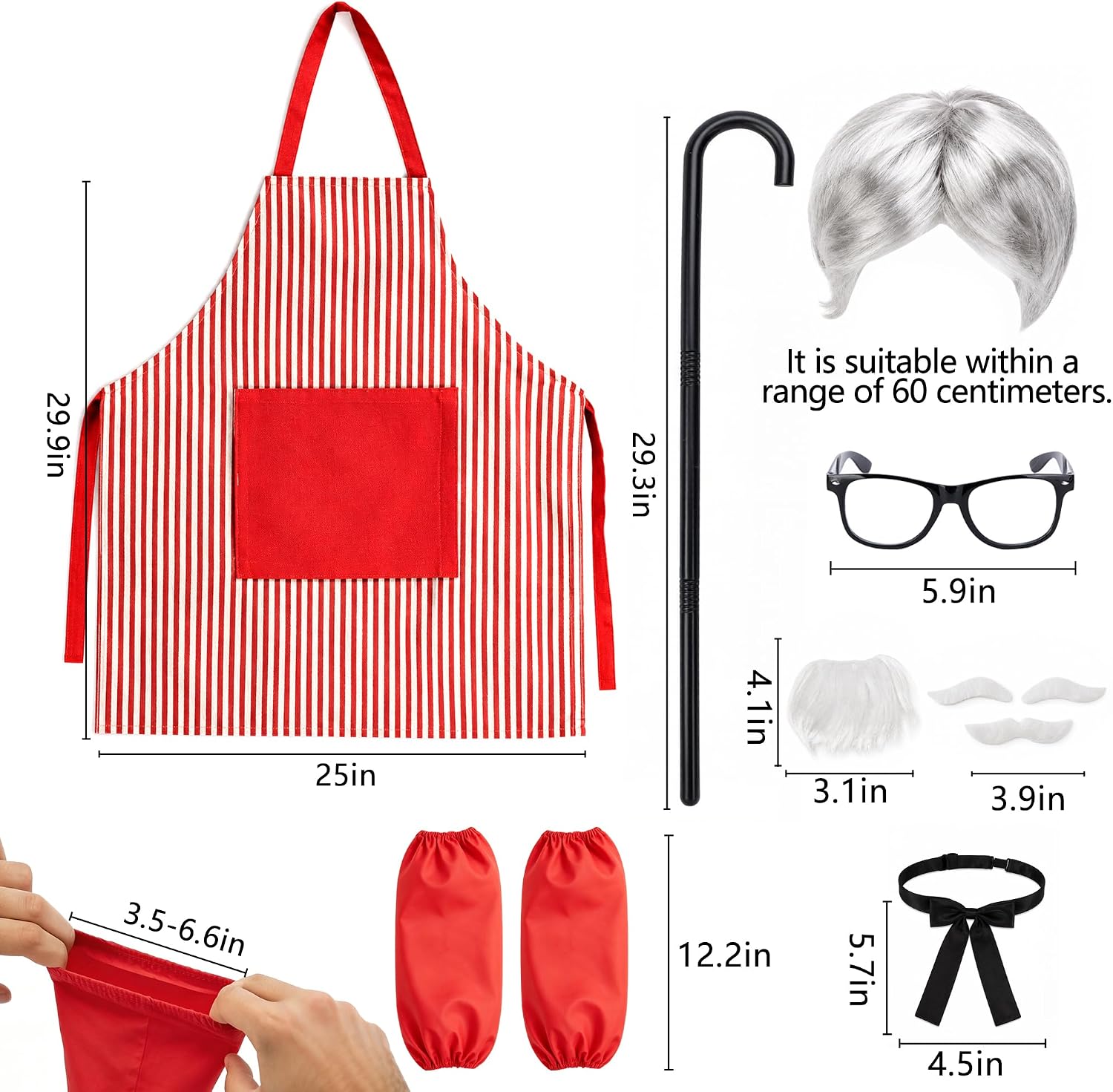 9 Pcs Halloween Fast Food Costume Kit, Striped Halloween Chef Costume, Old Man Costumes Include Arm Sleeve Apron Wig Moustache Eyebrows Glasses Bowtie Cane for Adult Cosplay Party Dress Up