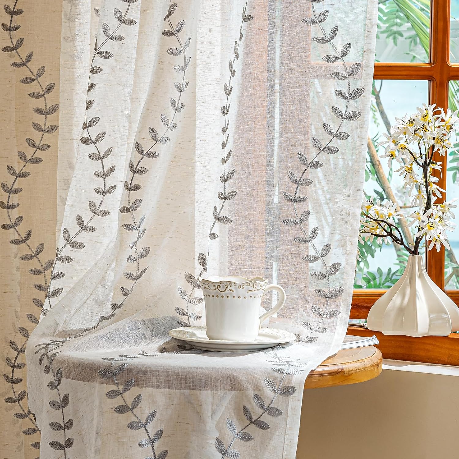 AmHoo 2 Panels Linen Leaf String Floral Embroidered Semi Sheer Curtain Farmhouse Voile Curtains for Living Room Bedroom Window Treatment White 52 x 84 Inch