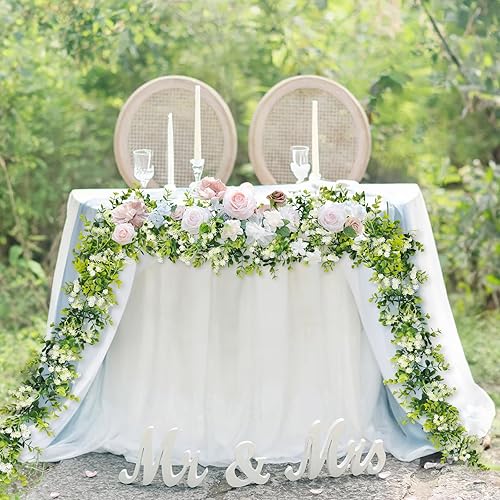 Miniatura 3 de Guirnalda de eucalipto con flores de 6 pies, paquete de 4 guirnaldas colgantes de eucalipto sintético para mesa, boda, telón de fondo, arco, pared,