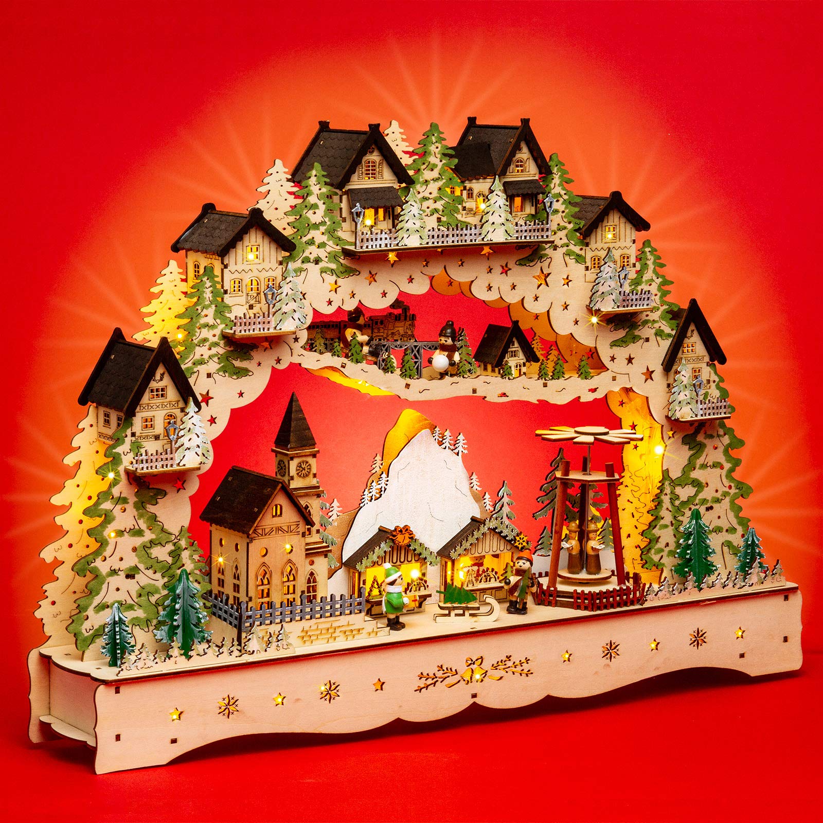 SIKORA LB46 beleuchteter LED XL Holz Schwibbogen Berg-WEIHNACHTSDORF mit drehender Pyramide inklusive Trafo