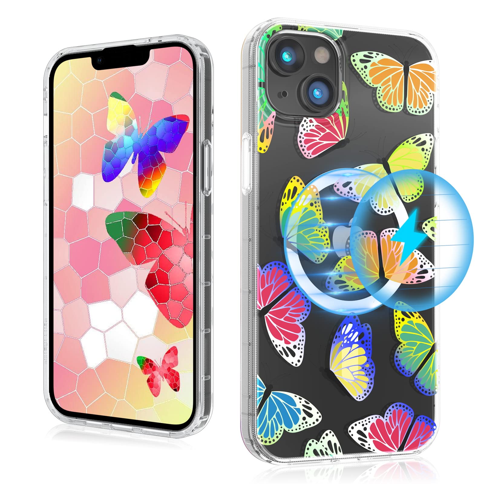 MYBAT PRO Magnetic Slim Clear Case for iPhone 14 Plus Case 6.7", Compatible with MagSafe, Cute Crystal Mood Series for Women Girls, Military Grade Drop Shockproof Non-Yellowing, Neon Butterflies