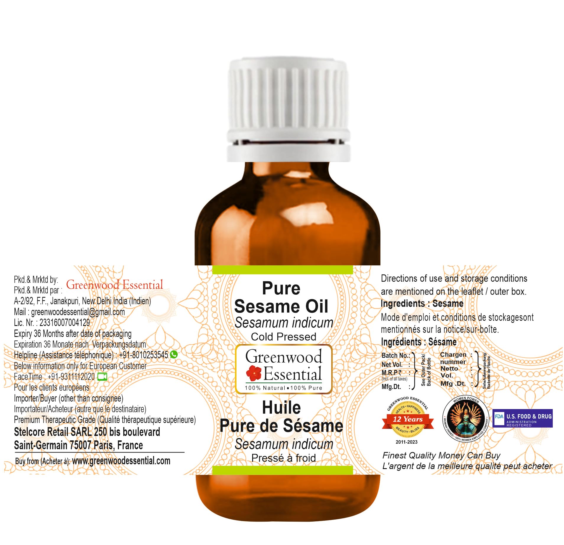 Greenwood Essential Pure Sesame Oil (Sesamum indicum) 100% Natural Therapeutic Grade for Hair & Skin (Pack of Three)100ml X 3 (10 oz)