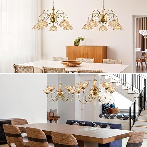 Miniatura 7 de 5-Light Vintage Chandeliers in Matte Brass Finish with Amber Glass Shades, Retro Chandelier Light for Dining Room,Hallway,Kitchen