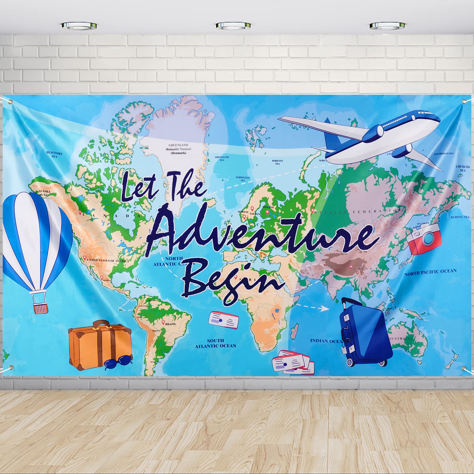 Adventure Awaits Party Backdrop - Adventure Party Decorations 185 x 110cm Around The World Travel Themed Party Background for Retirement Graduation Baby Shower Bon Voyage Party Decorations