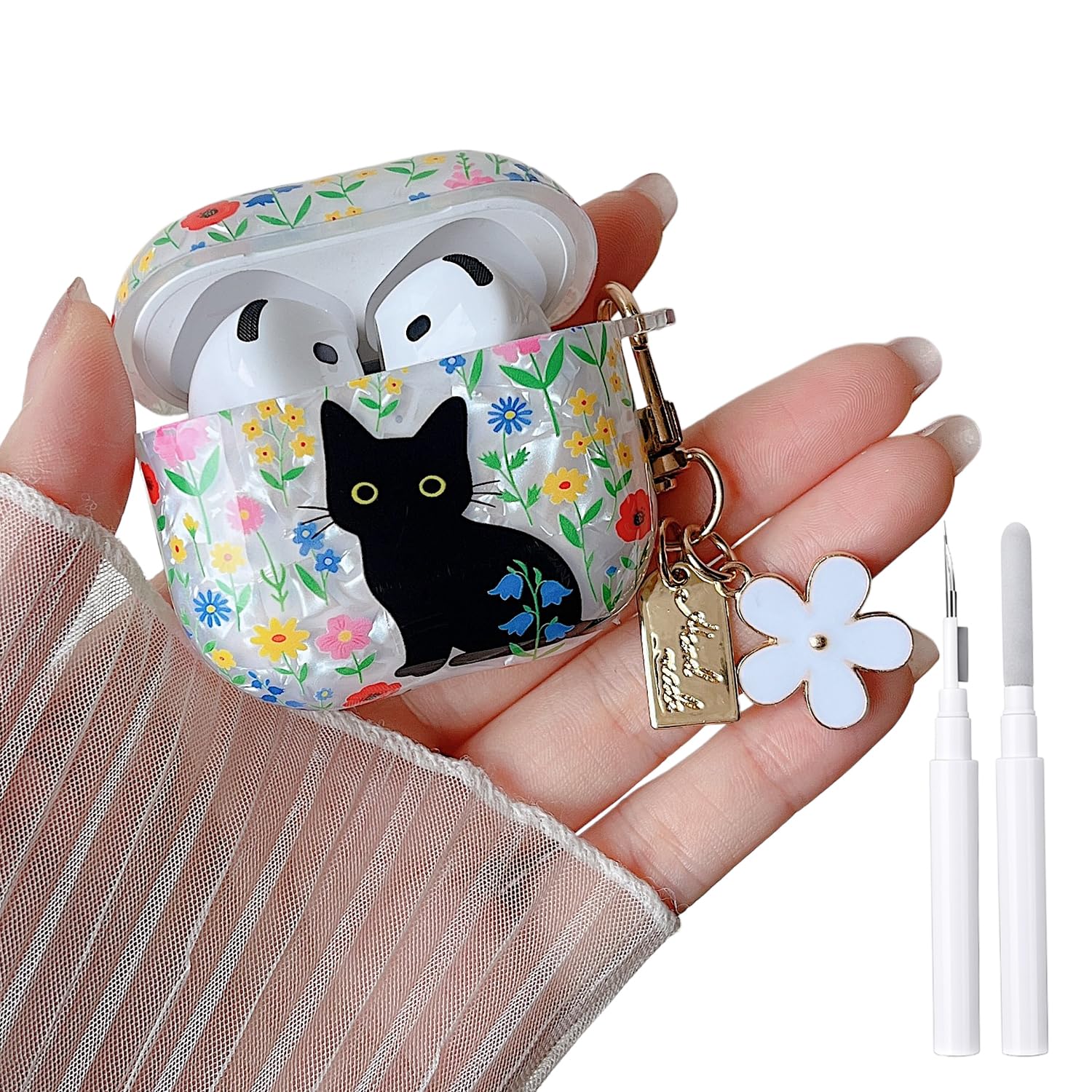MINSCOSE for AirPods 4 Glitter Case,Cute Cat Flower Shell Pattern Design with Girly Keychain,Soft TPU Protective Shockproof Cover with Cleaner Kit for Girls Women for Airpods 4-Cat
