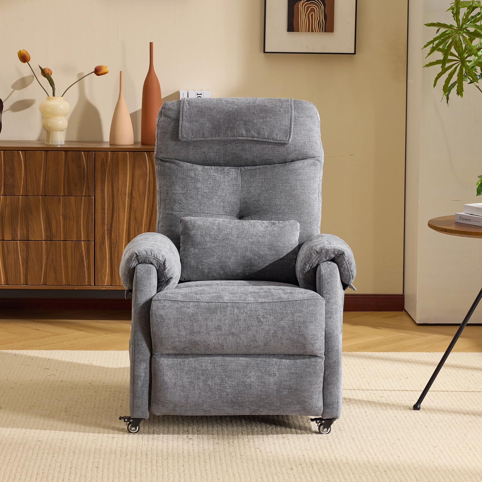 Bonnlo Fauteuil Massant, Fauteuil de Relaxation avec 6 Points de Massage et Chauffage, Dossier et Repose-Pieds Réglable Automatiquement, Équipé d'un Appui-tête et Un Coussin, Gris Foncé, Tissu